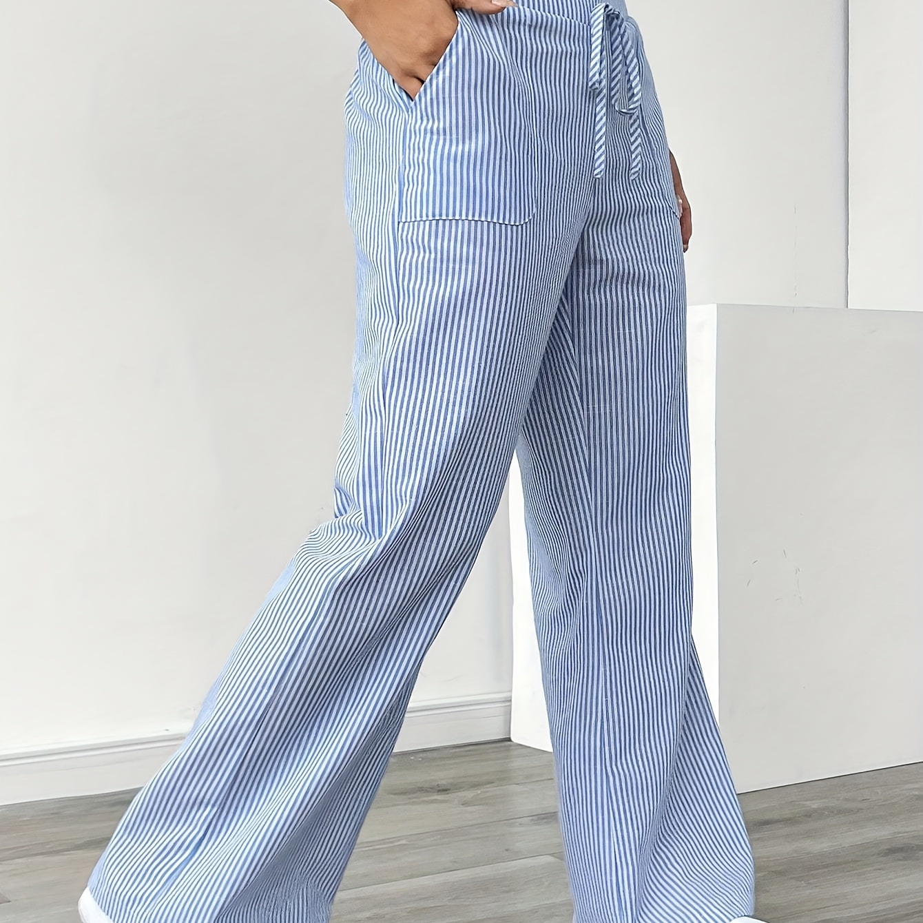 

Pinstriped Fake Drawstring Wide Leg Pants, Casual High Waist Versatile Pants For , Women's Clothing