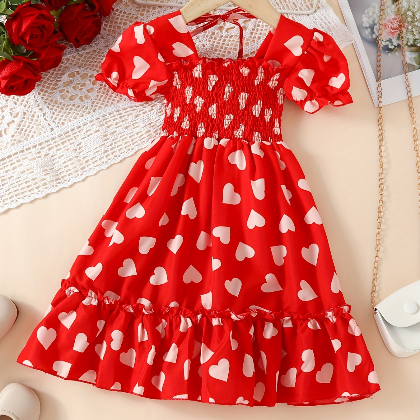 

Toddler Girls Puff Sleeve Frill Trim Shirred Heart Graphic Ruffled Hem Princess Dress For Party Beach Vacation Kids Summer Clothes