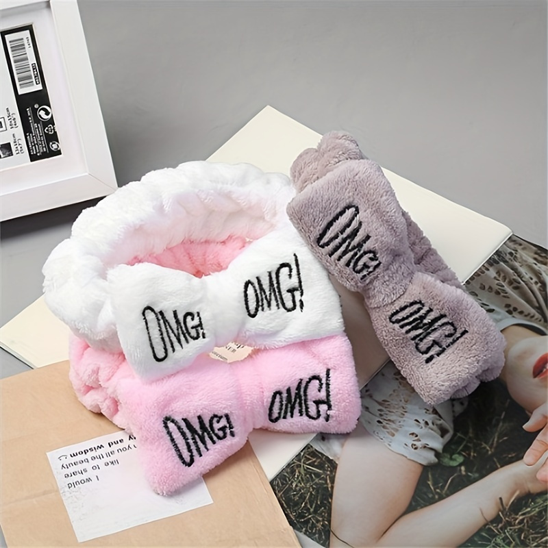 

Letter "omg" Bowknot Decor Headband, Elastic Fashion Fuzzy Soft Hair Hoop For Washing Face Makeup, Women's Hair Accessories