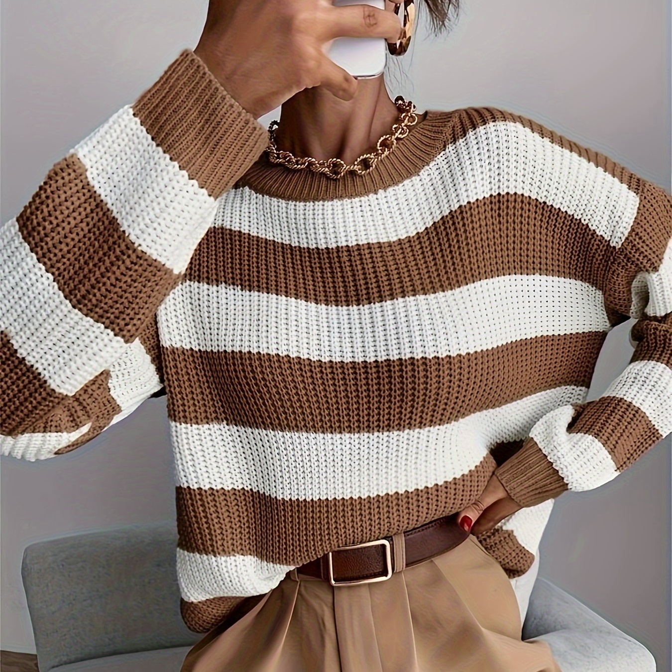 

Women's Casual Striped Pullover Sweater, Crew Neck Long Sleeve Knit Top, Polyester 100% Stretch Fabric, Fall/winter , Regular Fit, 350g/m² Weight - Design