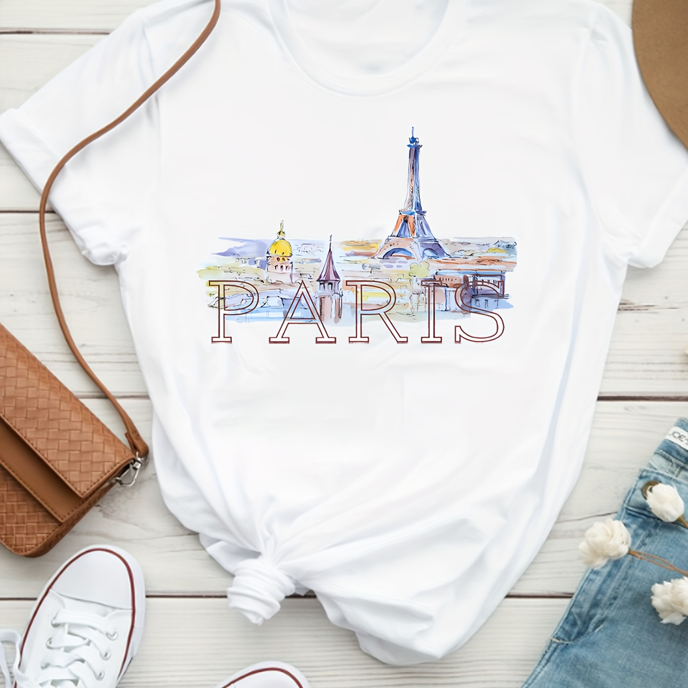 

Paris T-shirt Imprimé, Haut Décontracté À Col Rond À Manches Courtes Pour Le Printemps Et L'été, Vêtements Pour Femmes