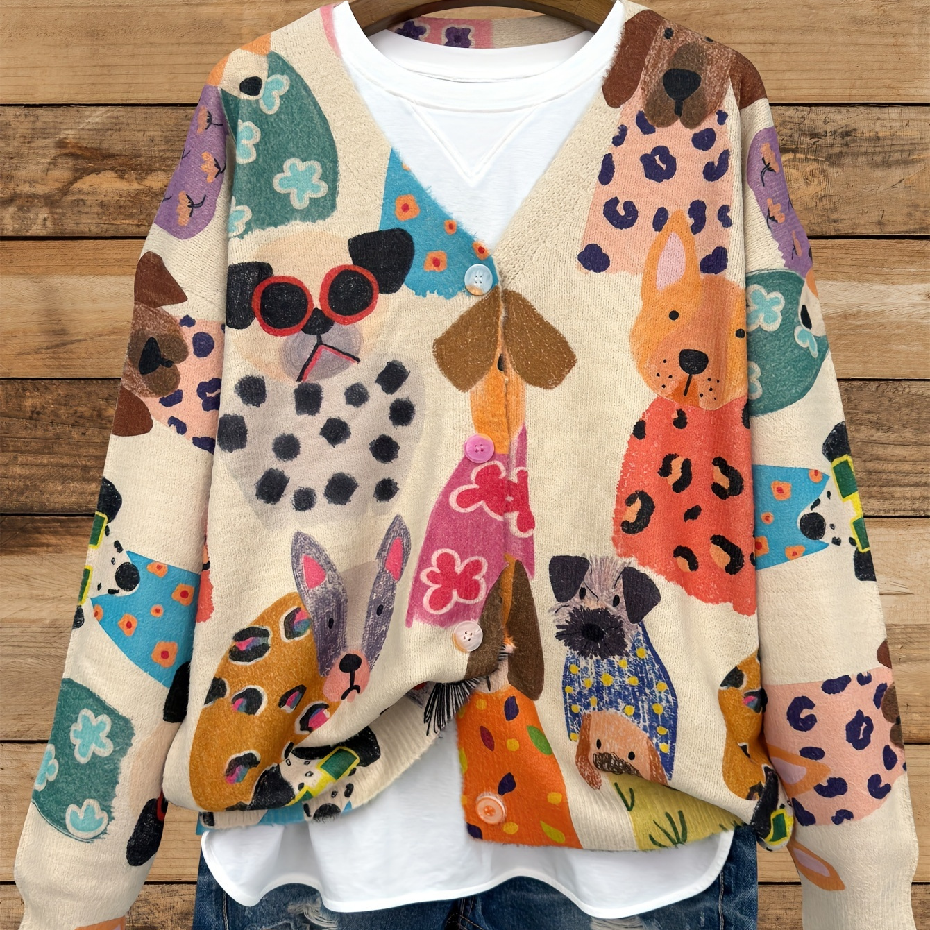 

Size Puppy Print Cardigan - Casual V-neck Long Sleeve Knit Sweater, Women', All-, Woven-effect Print