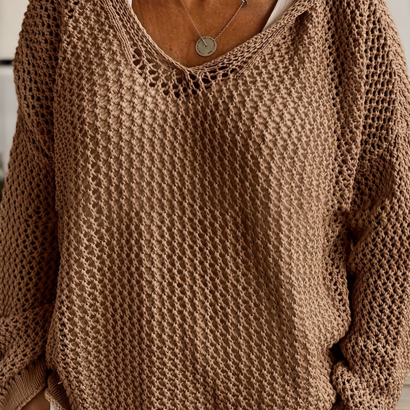 

Pullover à capuche en pointelle unie grande taille, pull décontracté en tricot fin à manches longues pour l'automne et le printemps, vêtements grande taille pour femmes