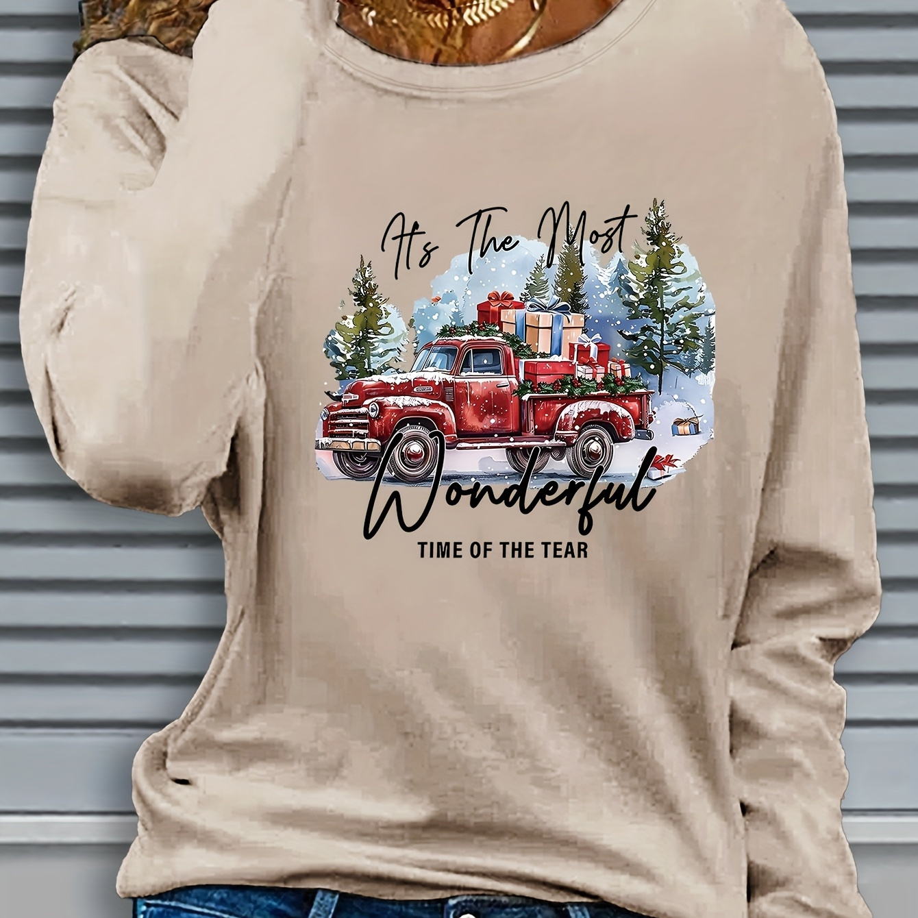 

Women's Christmas Truck Applique Long Sleeve T-shirt - Casual Polyester Knit With Slight Stretch, Crew Neck, Regular Fit Pullover For Fall/winter