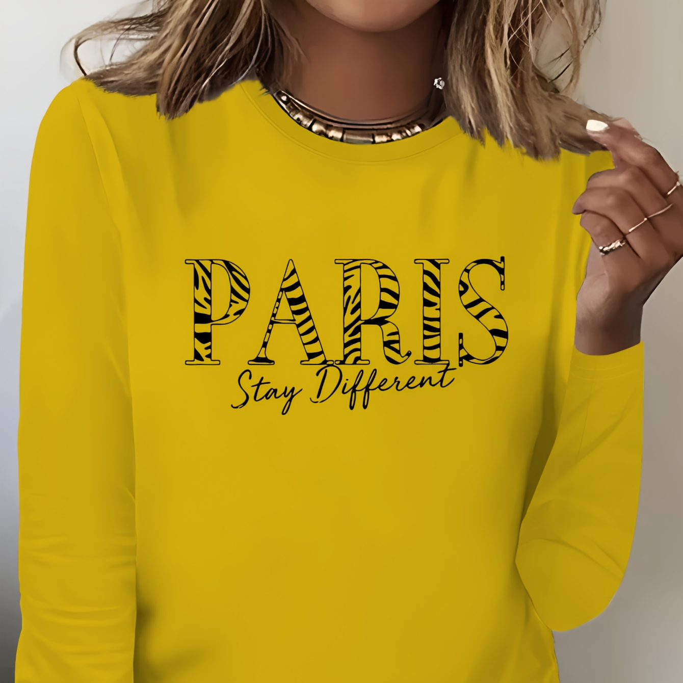 

Paris Letter Print T-shirt, Long Sleeve Crew Neck Casual Top For Spring & Fall, Women's Clothing