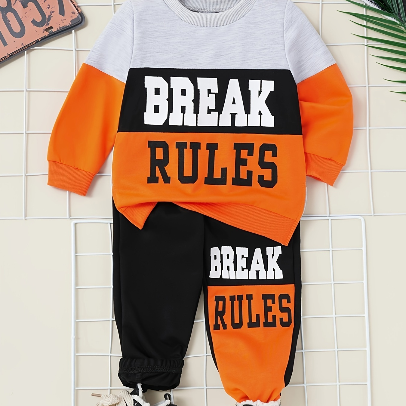 

Casual Long Sleeve Sweatshirt & Joggers Set, Break Rules Letter Pattern, 2-piece Boys Co Ord Set For Spring Fall