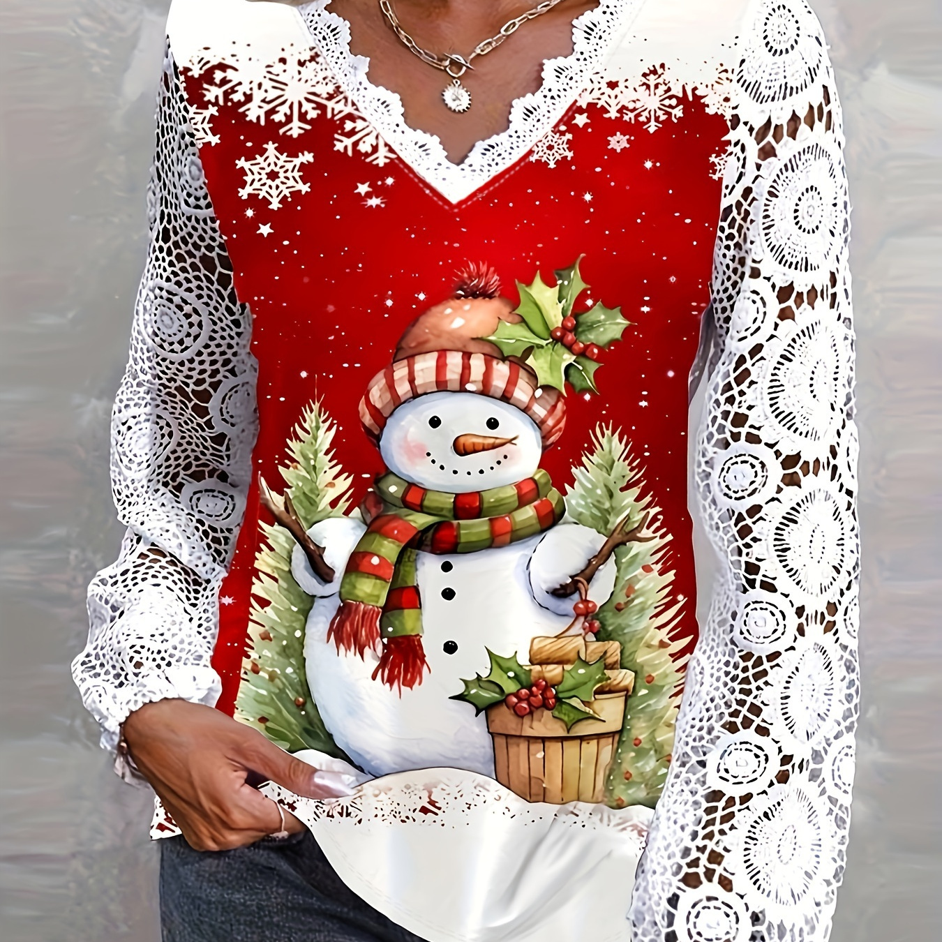 

1pc Size Women's Top - V-, Sleeves, Christmas Pattern, , Knit (/), , Non-transparent, Washable, For / , Fashionable Ladies