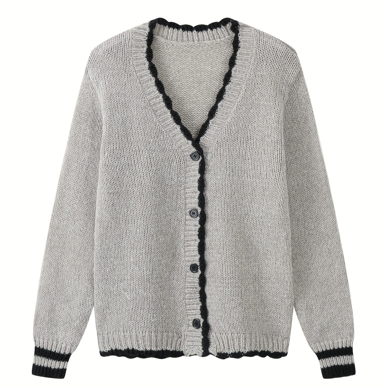 

Elegant Polyester Knit Cardigan For Women - 100% Polyester V-neck Sweater With Ribbed Detail, Long Sleeve Open Front Cardigan For Fall/