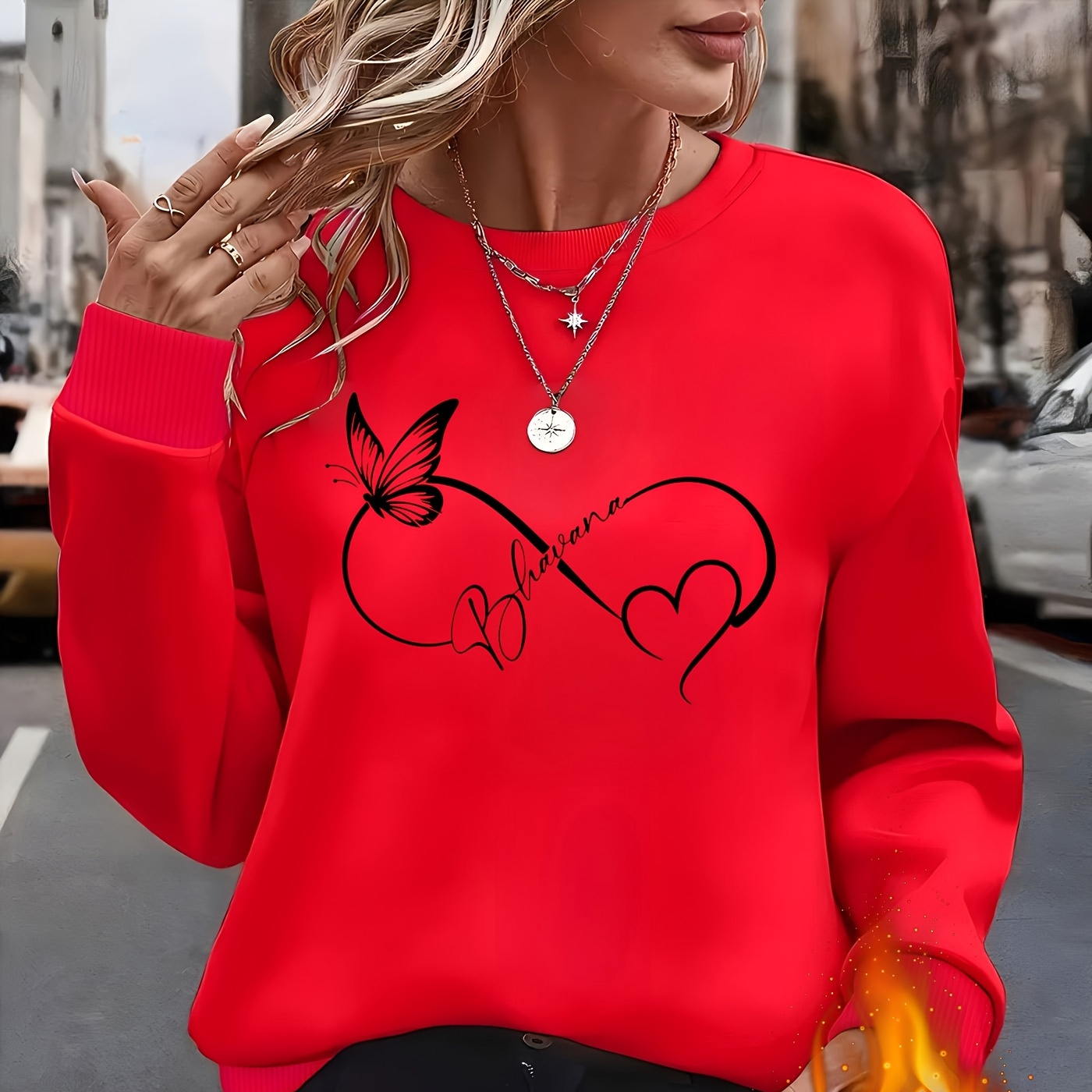 

1pc Élégant Sweat-shirt à manches longues et col rond en avec motif papillon, cœur et pour femme, tissu en de polyester, pull toutes