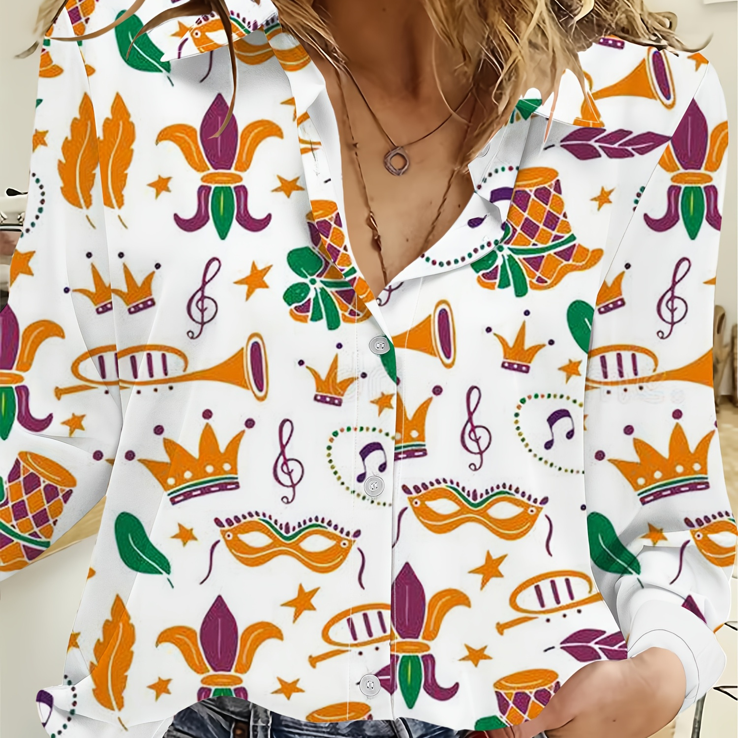 

1pc Women's Cartoon Print Long Sleeve Casual Shirt, Polyester 100%, Lapel Collar, Button , Woven Fabric, Top For Layering