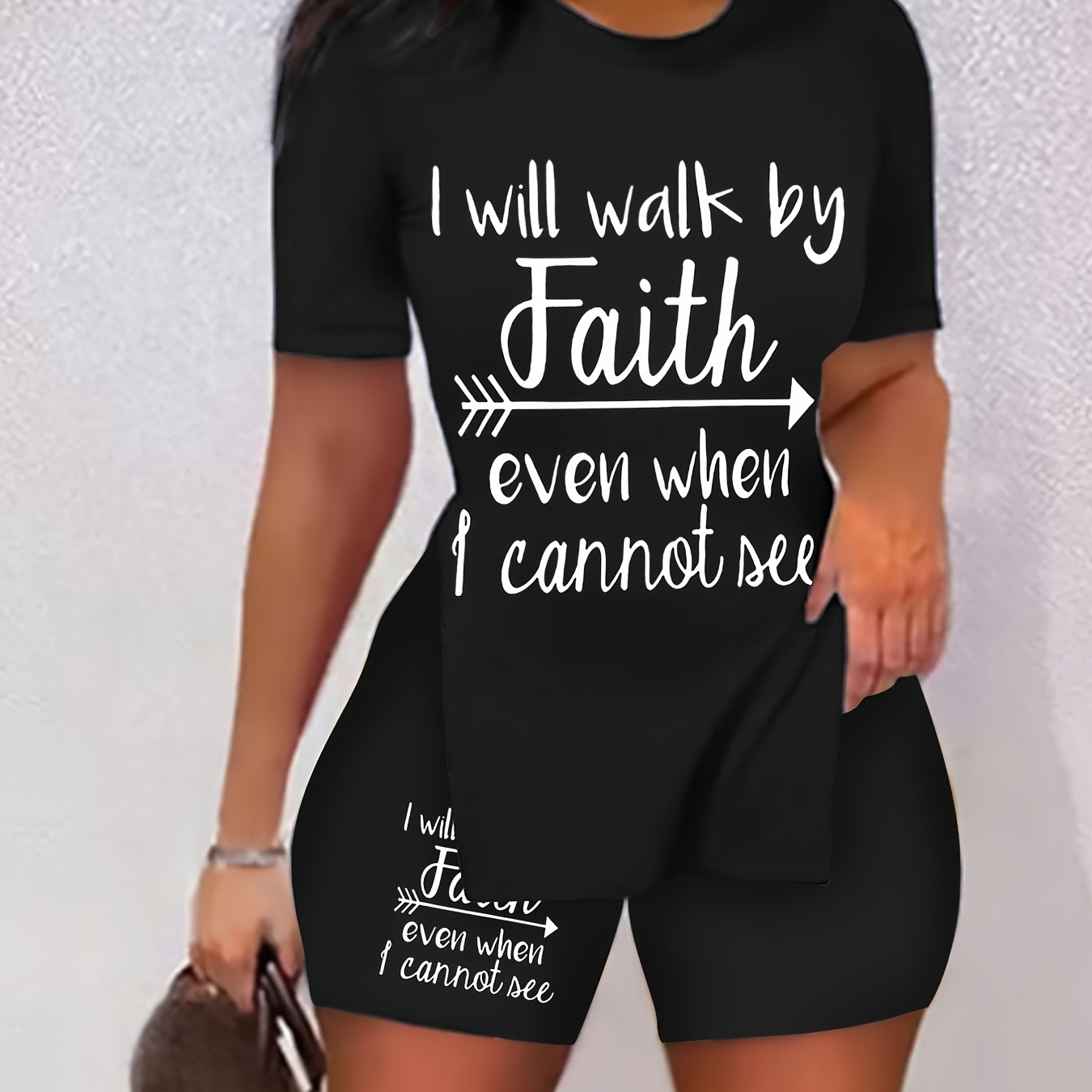 

Walk By Faith Print Two-piece Set For Spring & Summer, Short Sleeve Side Split Casual T-shirt & Shorts For Spring & Summer, Women's Clothing