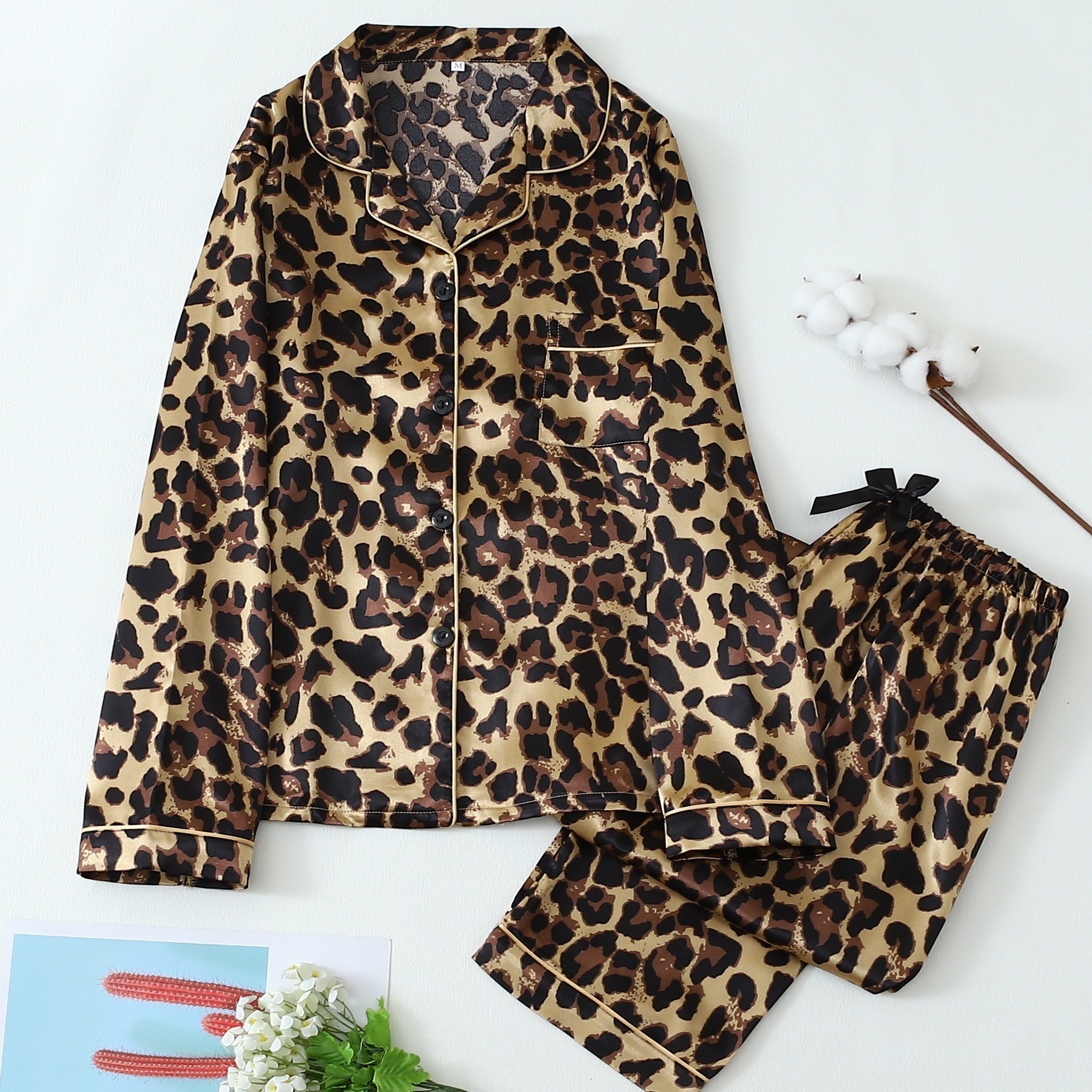 

Stylish Leopard Textures Pajama Set For Girls Teenage, Casual Loose Style Long Sleeved Lapel Tops And Pants, Comfortable Soft Pajamas Set