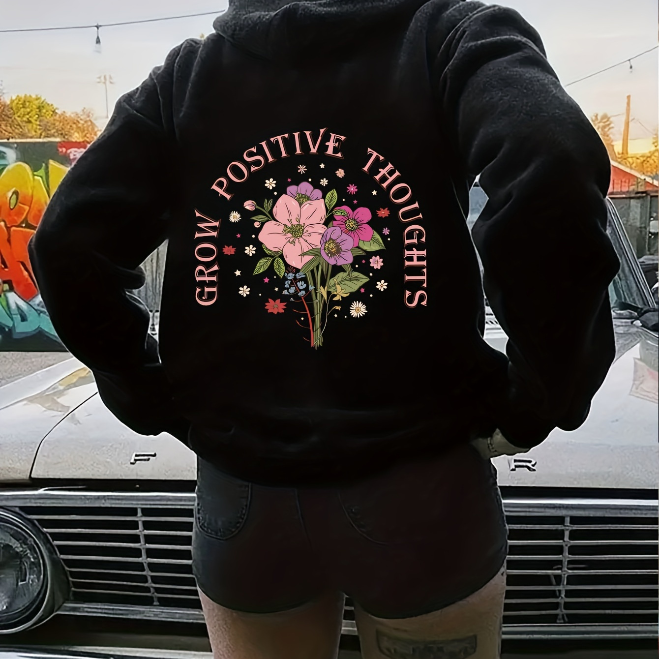 

Plus Size Casual Sweatshirt, Women's Plus Floral & Letter Print Long Sleeve Drawstring Hooded Sweatshirt With Pockets