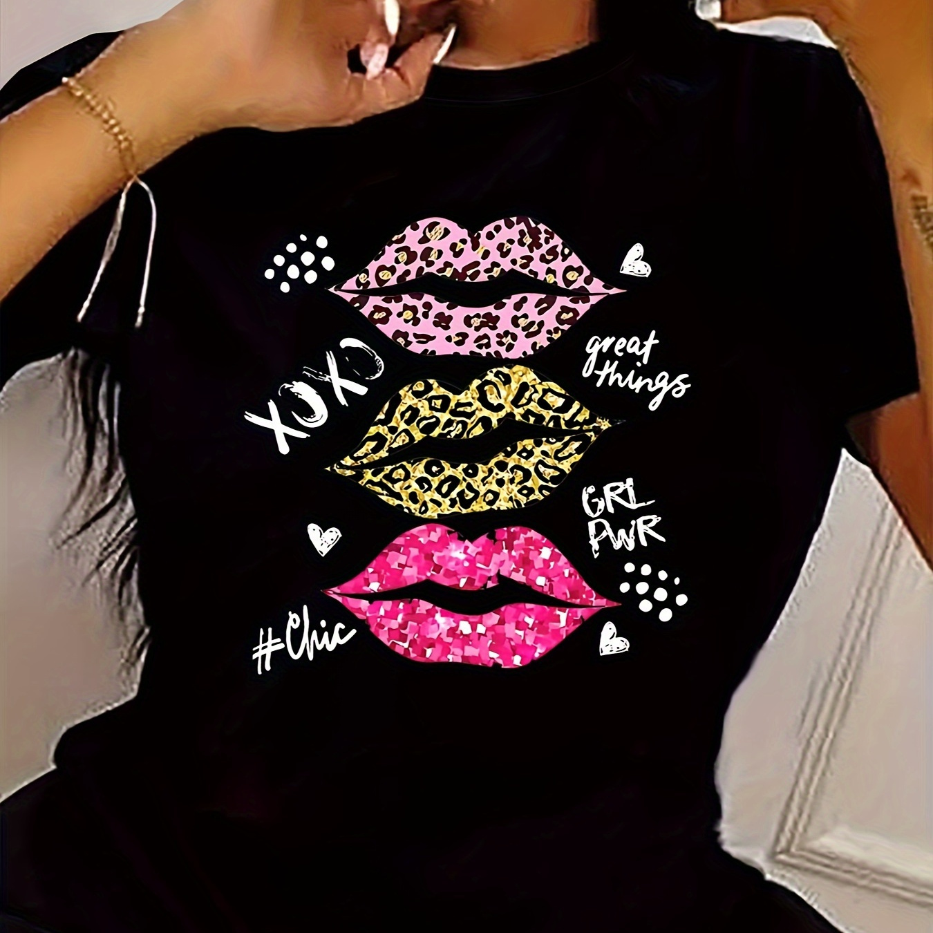 

Leopard Lips Print Crew Neck T-shirt, Casual Short Sleeve T-shirt For Spring & Summer, Women's Clothing