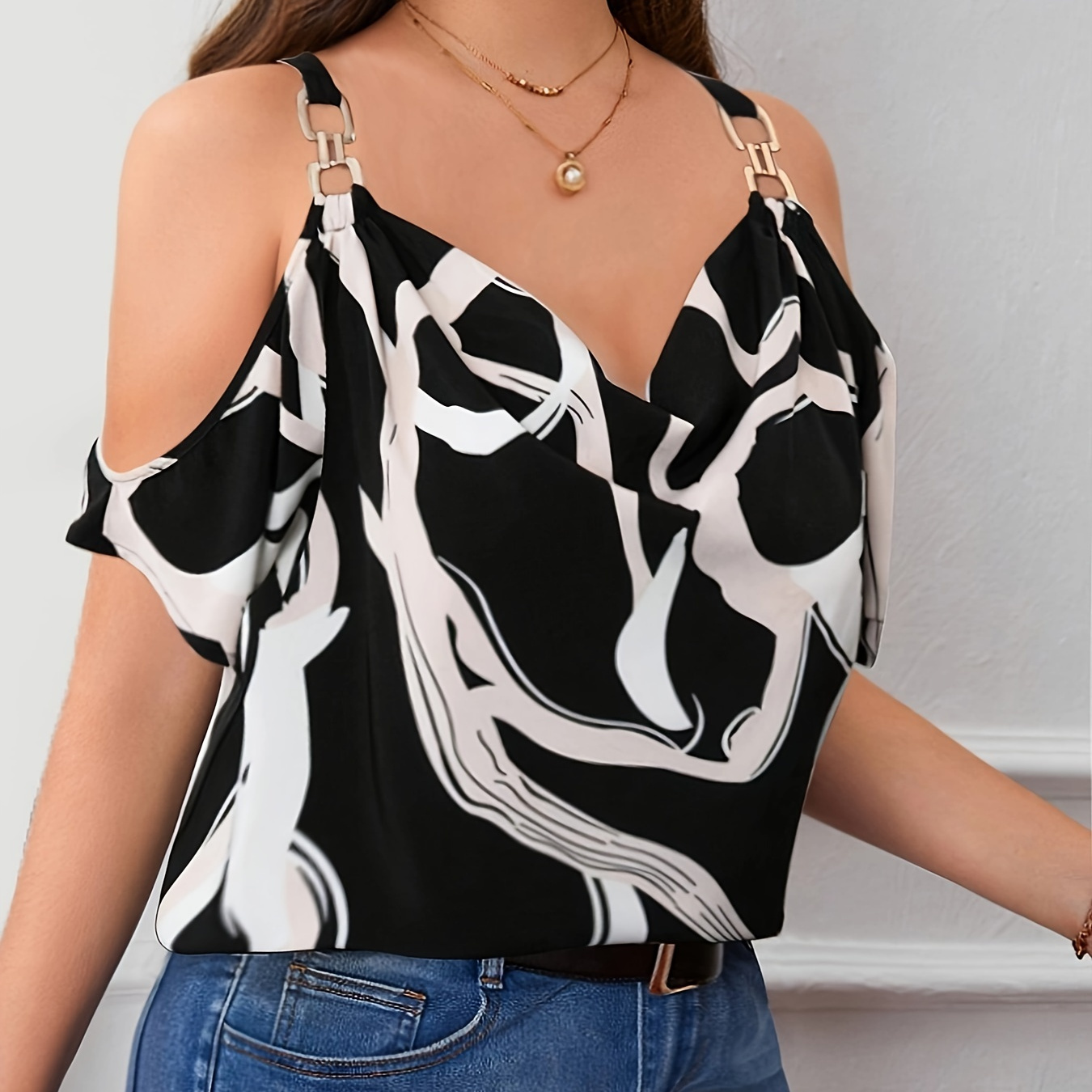 

Graphic Print Cowl Neck Blouse, Elegant Square Decor Strap Blouse For Spring & Summer, Women's Clothing