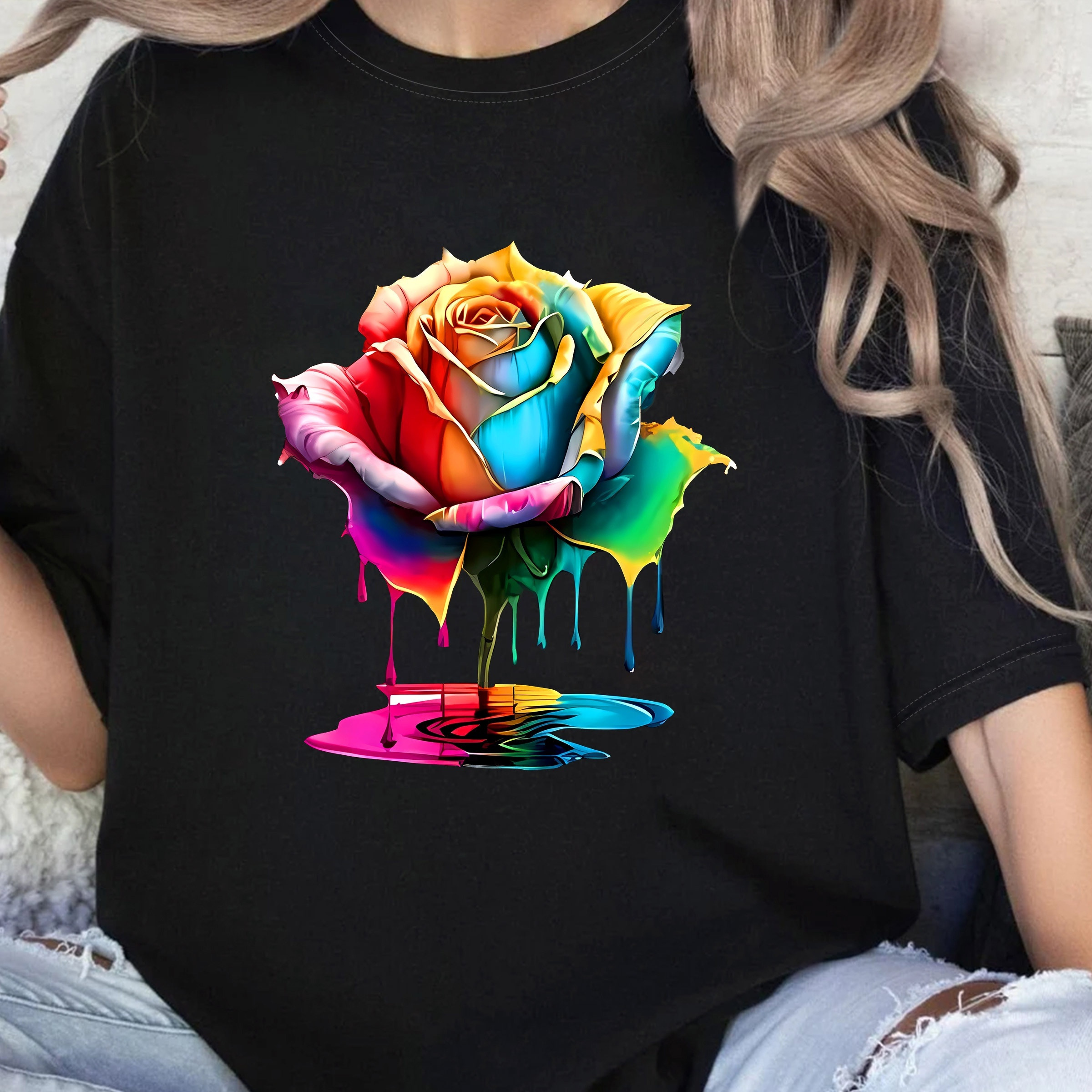 

Women's Plus Size Casual Sporty Rainbow Rose Print T-shirt, Fashionable Vintage Style, Short Sleeve Top, Oversized Ladies Tee