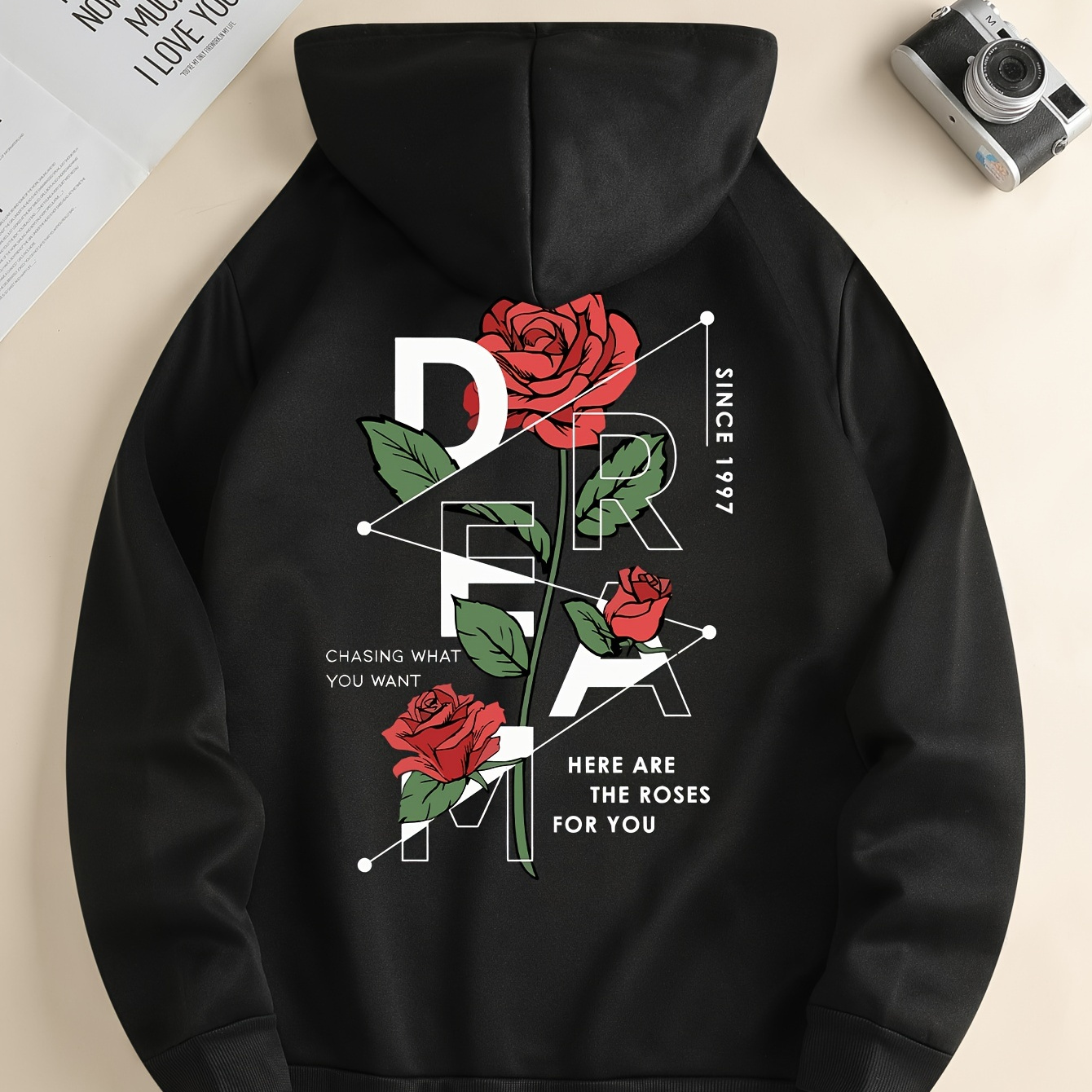

Rose & Letter Print Hoodie, Cool Hoodies For Men, Men's Casual Graphic Design Pullover Hooded Sweatshirt Streetwear For Winter Fall, As Gifts