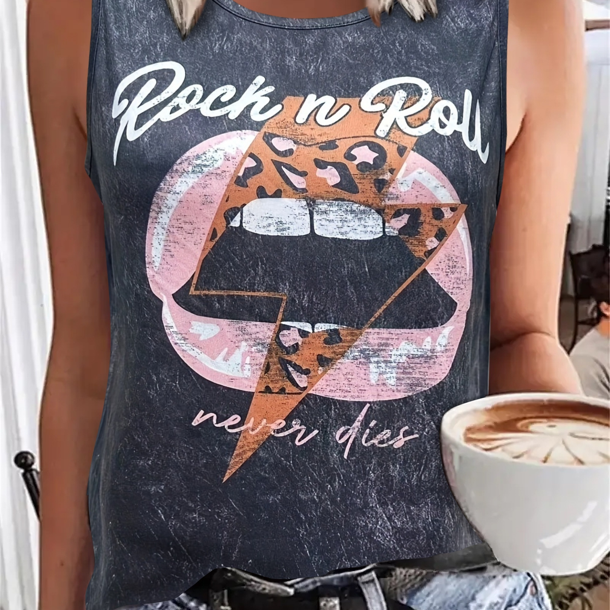 

Letter & Lips Print Tank Top, Vintage Sleeveless Tank Top For Summer, Women's Clothing