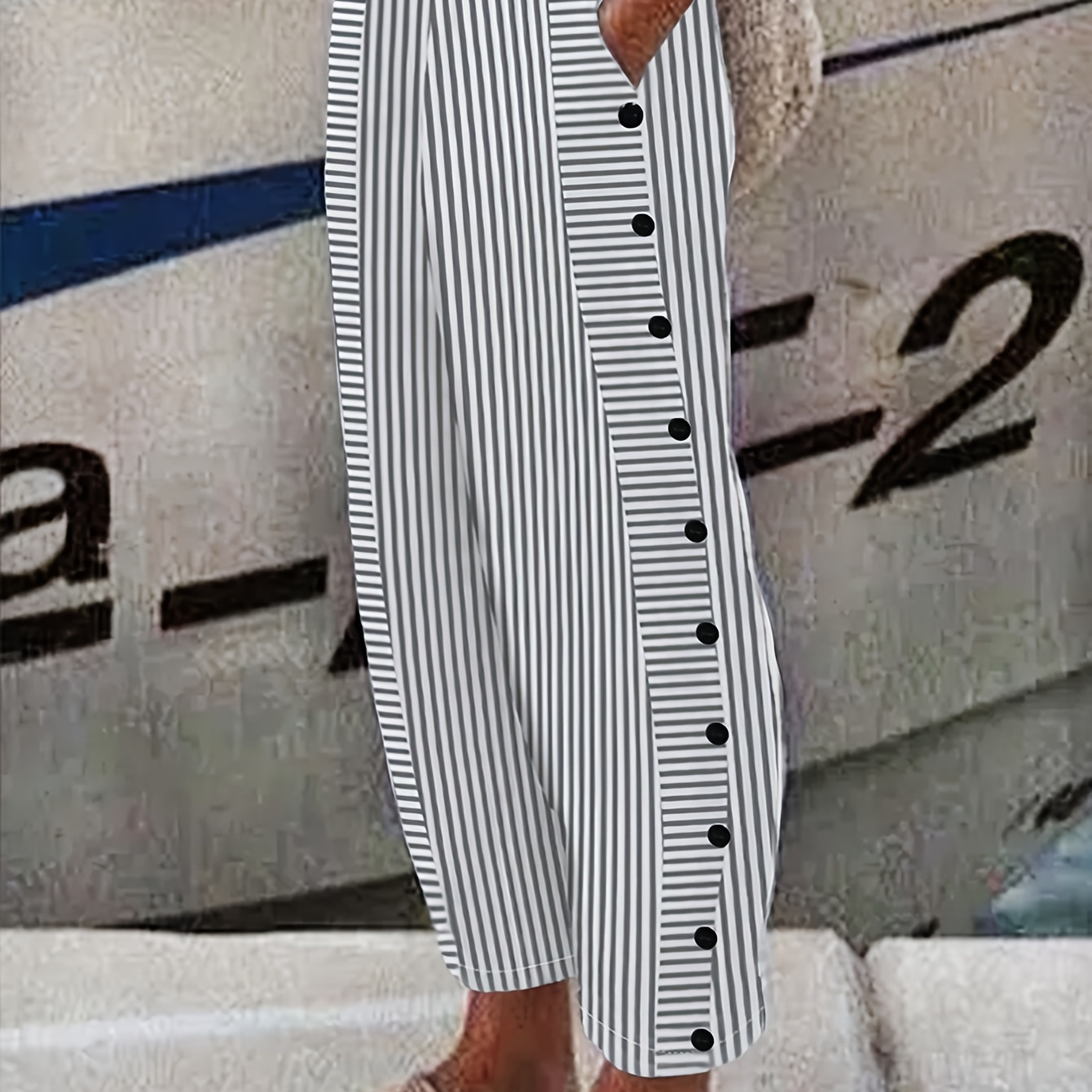 

Plus Size Stripes Print Straight Leg Pants, Casual Slant Pockets High Waist Fake Button Pants For , Women's Plus Size Clothing