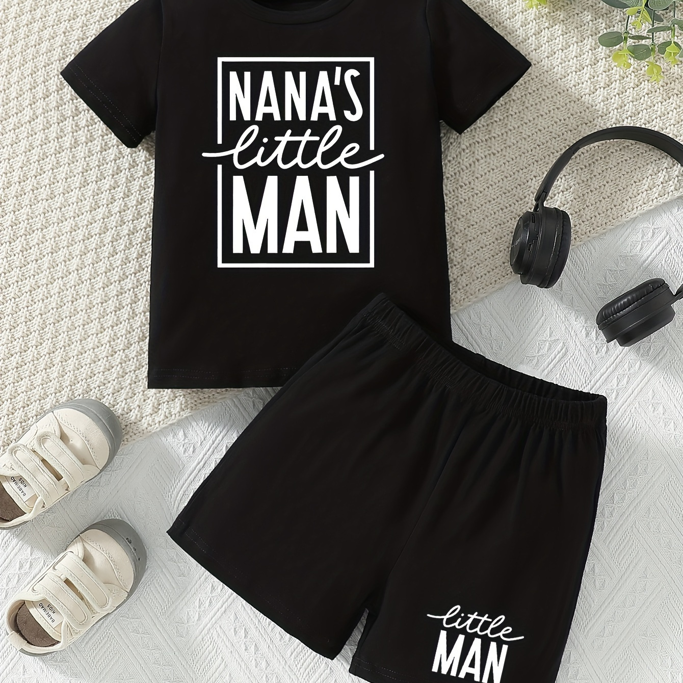 

Nana's Little Man Pattern Cotton Short Sleeve T-shirt & Elastic Waist Shorts Set, 2pcs Boy's Comfy Summer Spring Outfit