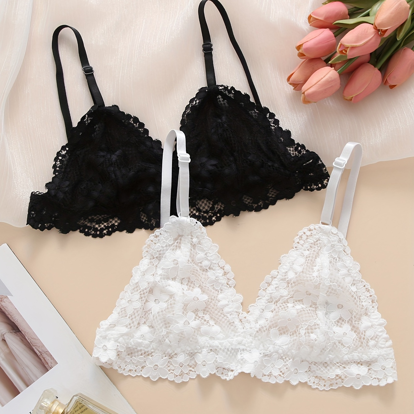 

2pcs Solid Floral Lace Wireless Cami Bra, Sexy Comfy Push Up Bra, Women's Lingerie & Underwear