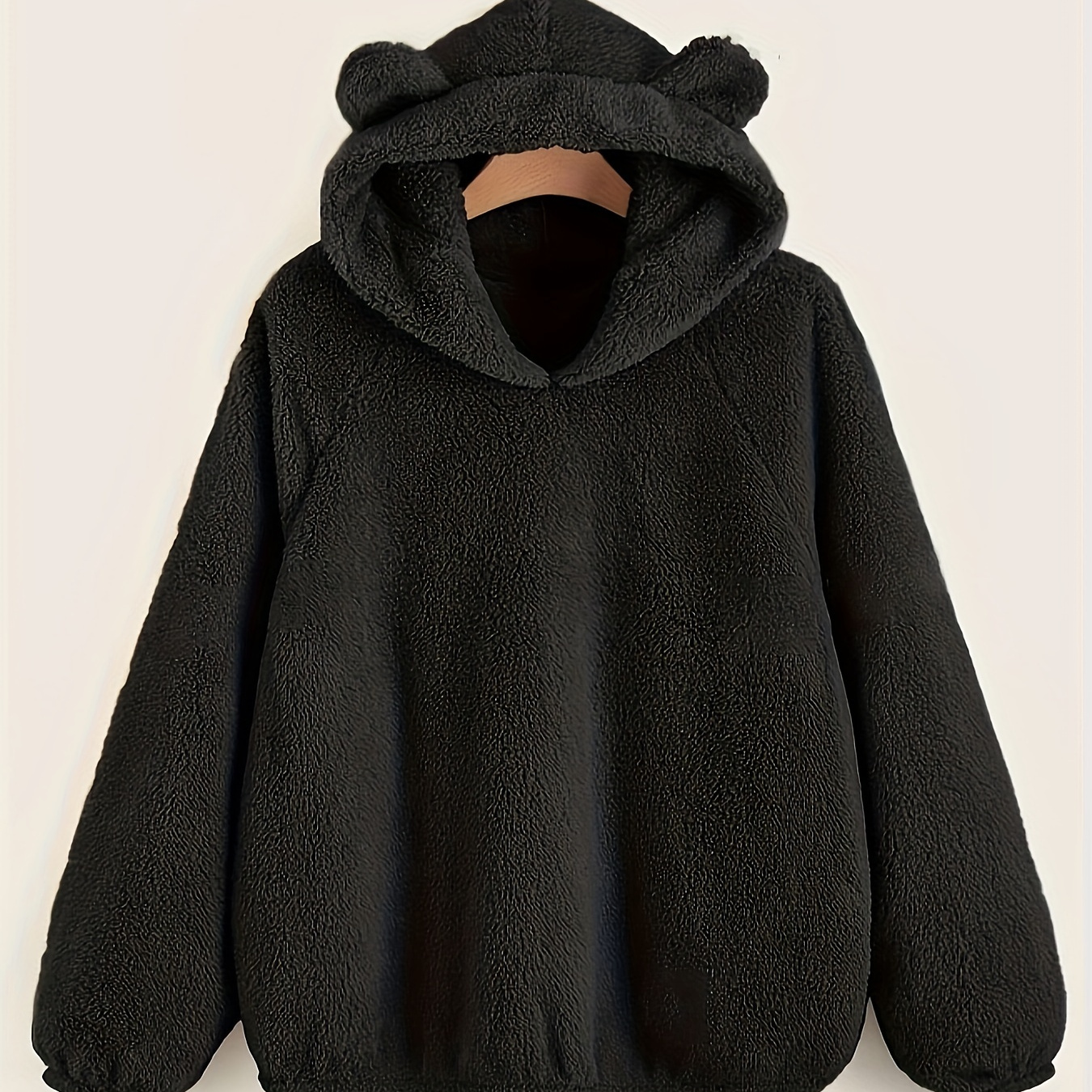 

Plus Size Elegant Hooded Sweatshirt With Bear Ears - 100% Polyester Solid Color Pullover With Stretch For Fall/winter - Cozy Knit Fabric Hoodie For Women