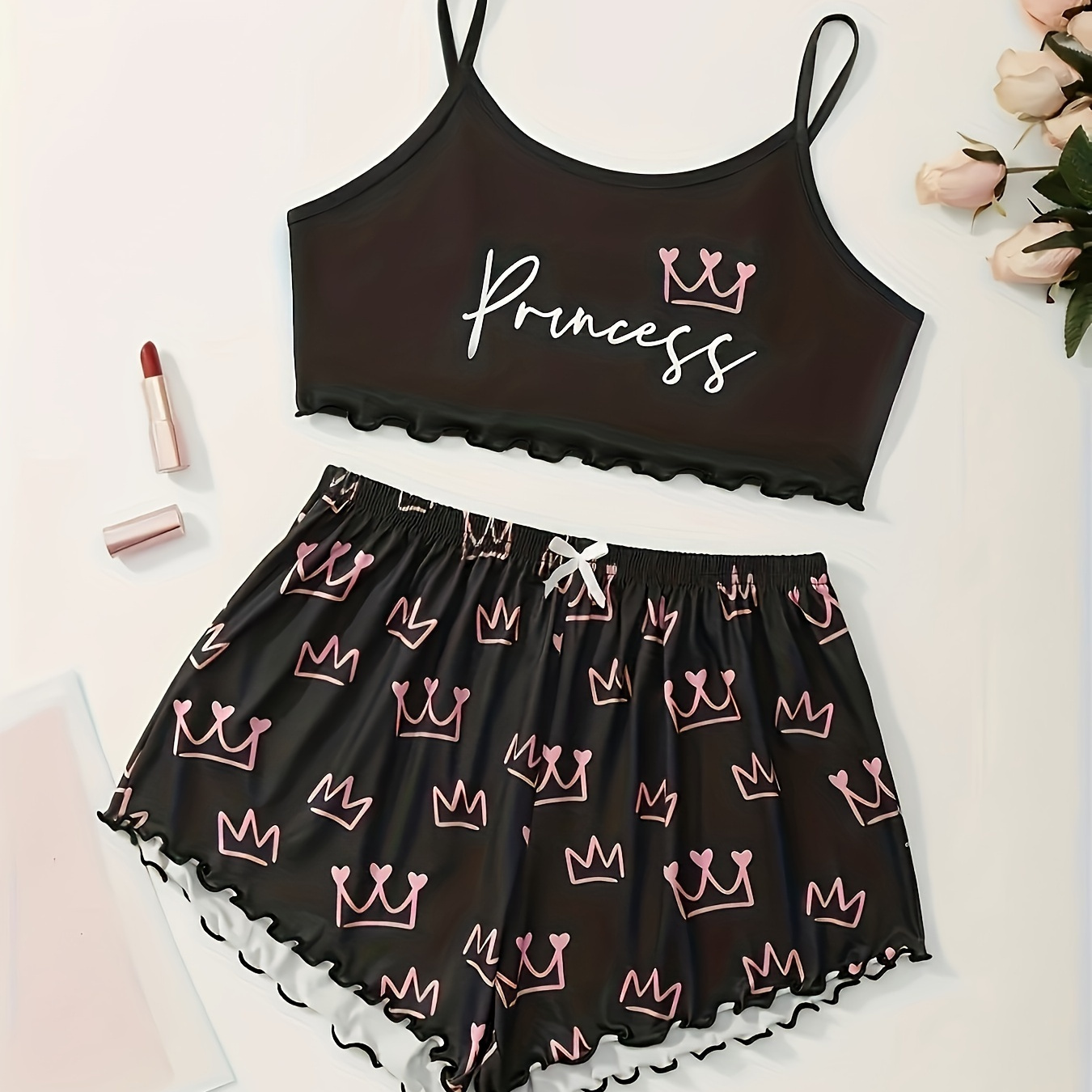 

Women's Crown & Letter Print Frill Trim Sexy Pajama Set, Round Neck Backless Crop Cami Top & Shorts, Comfortable Relaxed Fit, Summer Nightwear