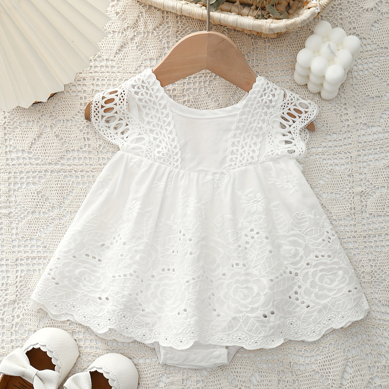

Baby's Elegant Flower Embroidered Cotton Dress, Lace Cap Sleeve Dress, Infant & Toddler Girl's Clothing For Christening & Baptism