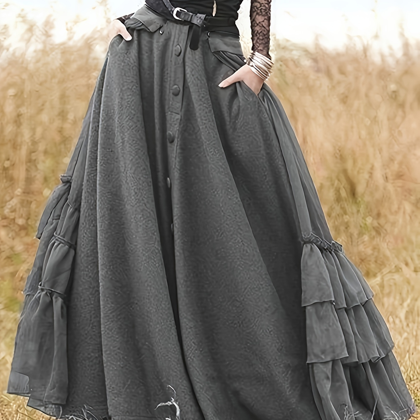 

1pc Vintage Gothic Style Women's Long Skirt With Ruffle Trim, Single-row Button Front, And Pockets - Polyester A-line Full-length Umbrella Hem, Knitted Fabric, All