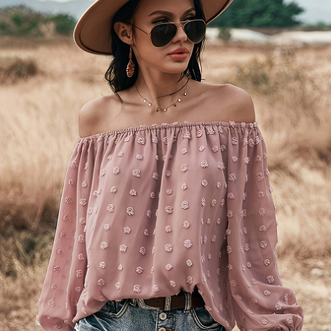 

Solid Color Off Shoulder Blouse, Casual Jacquard Long Sleeve Blouse For Spring & Summer, Women's Clothing