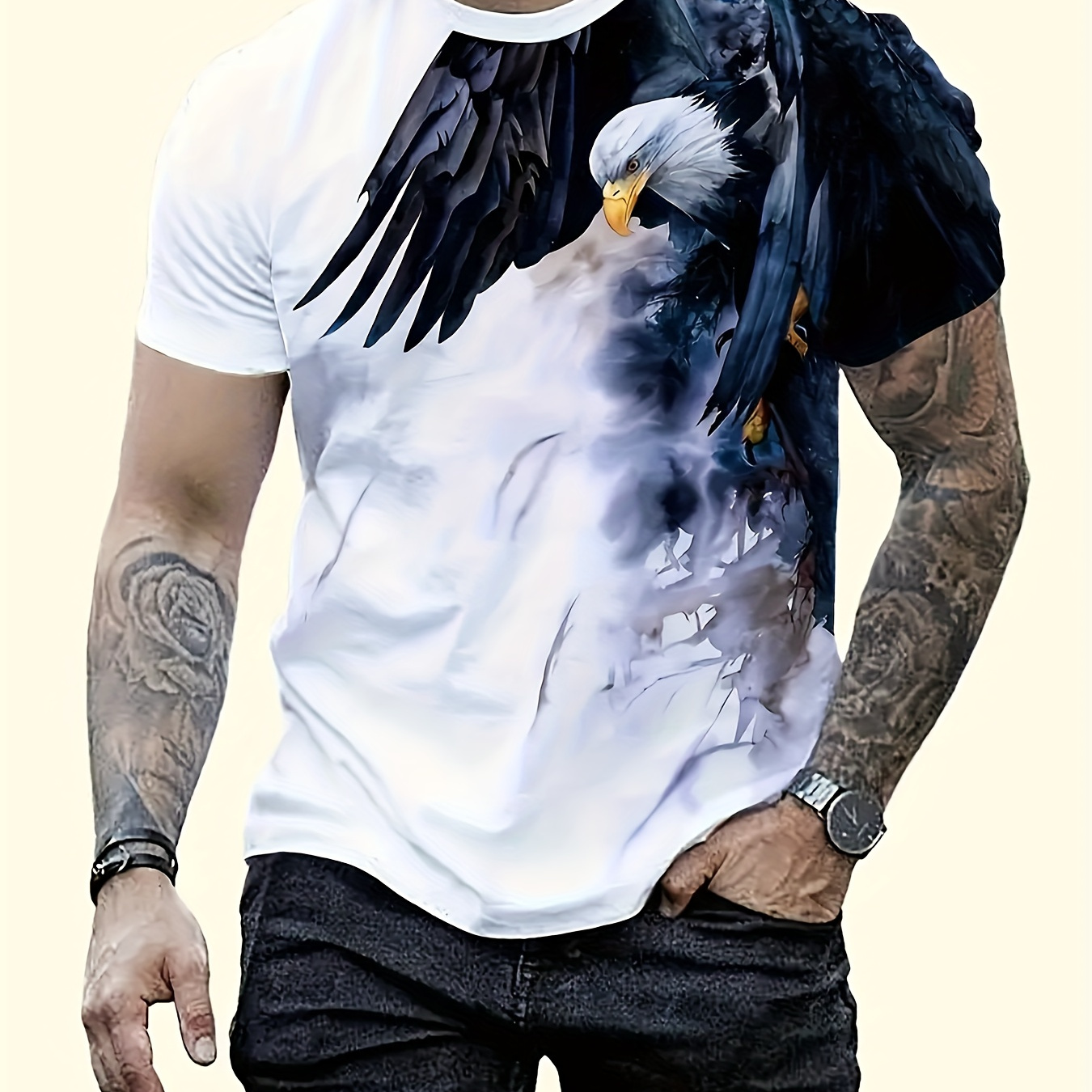 

Men's 3d Digital Eagle Print T-shirt, Vibrant Watercolor Pattern, Casual Crew Neck, Short Sleeve, Breathable Polyester, Fit, Summer Fashion Top For Outdoor & Sports, Regular Fit