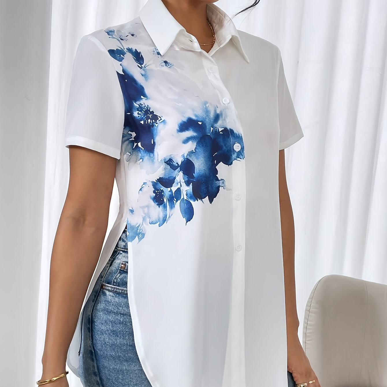 

Floral Print Button Front Shirt, Elegant Split Short Sleeve Shirt For Spring & Summer, Women's Clothing