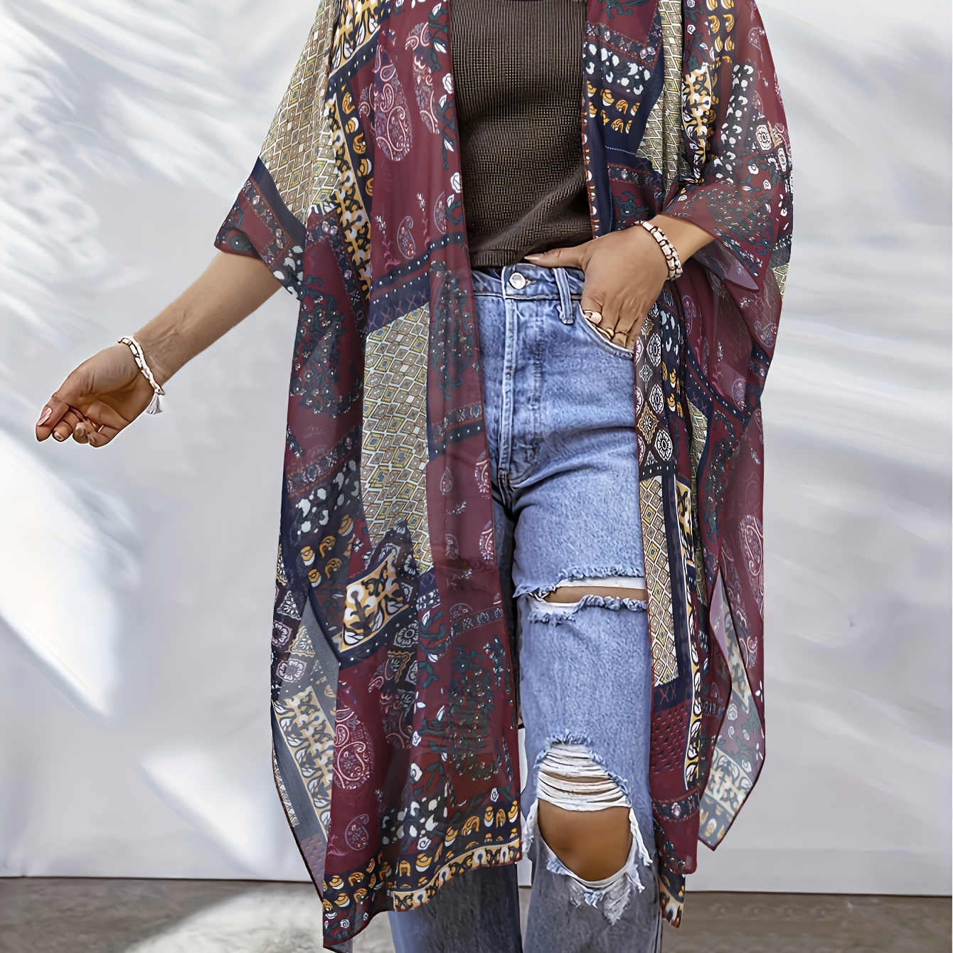 

Plus Size Floral Print Kimono, Vacation Casual Open Front Kimono, Women's Plus Size Clothing