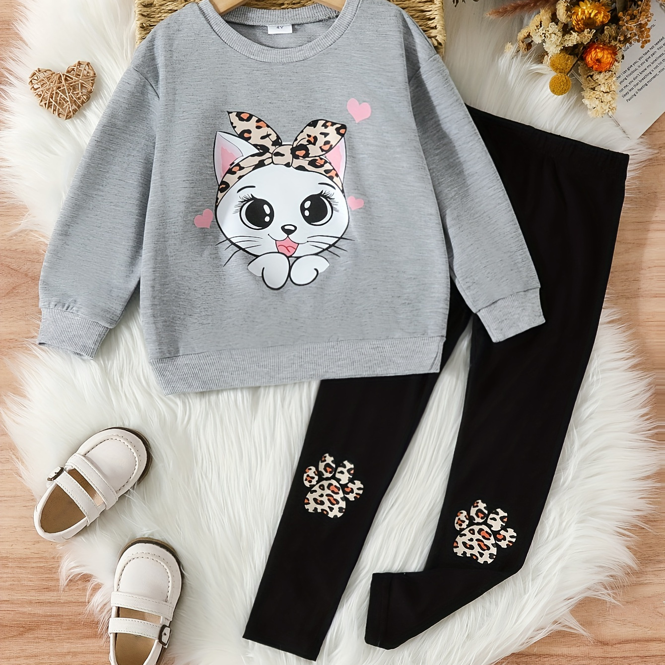 

Toddler Girl's Cartoon Headband Cat Pattern 2pcs, Sweatshirt & Leopard Paw Print Leggings Set, Casual Outfits, Kids Clothes For Spring Fall