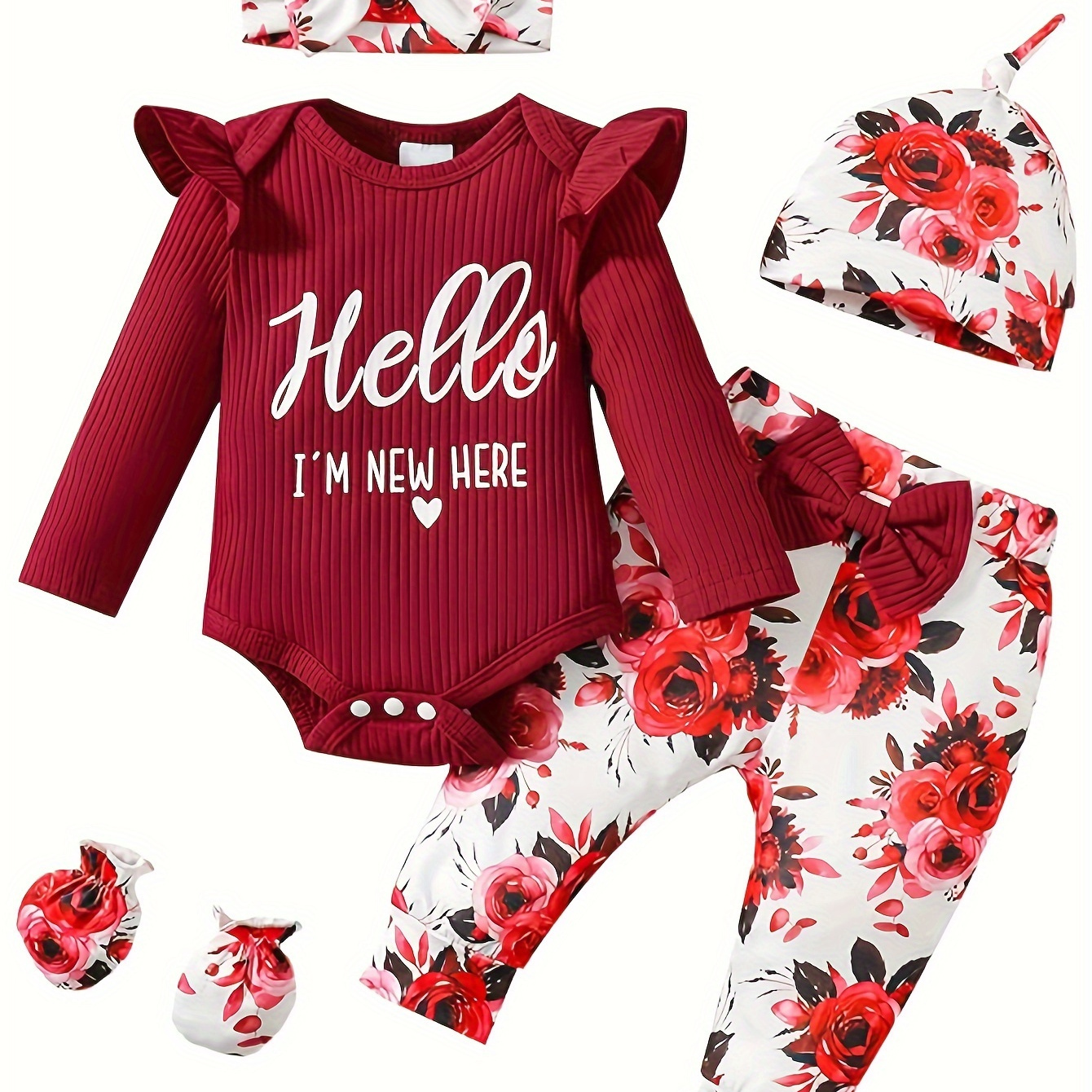 

Newborn Baby Girl Clothes Hello I' Here Letter Romper+floral Pants+hat+headband+gloves Outfits