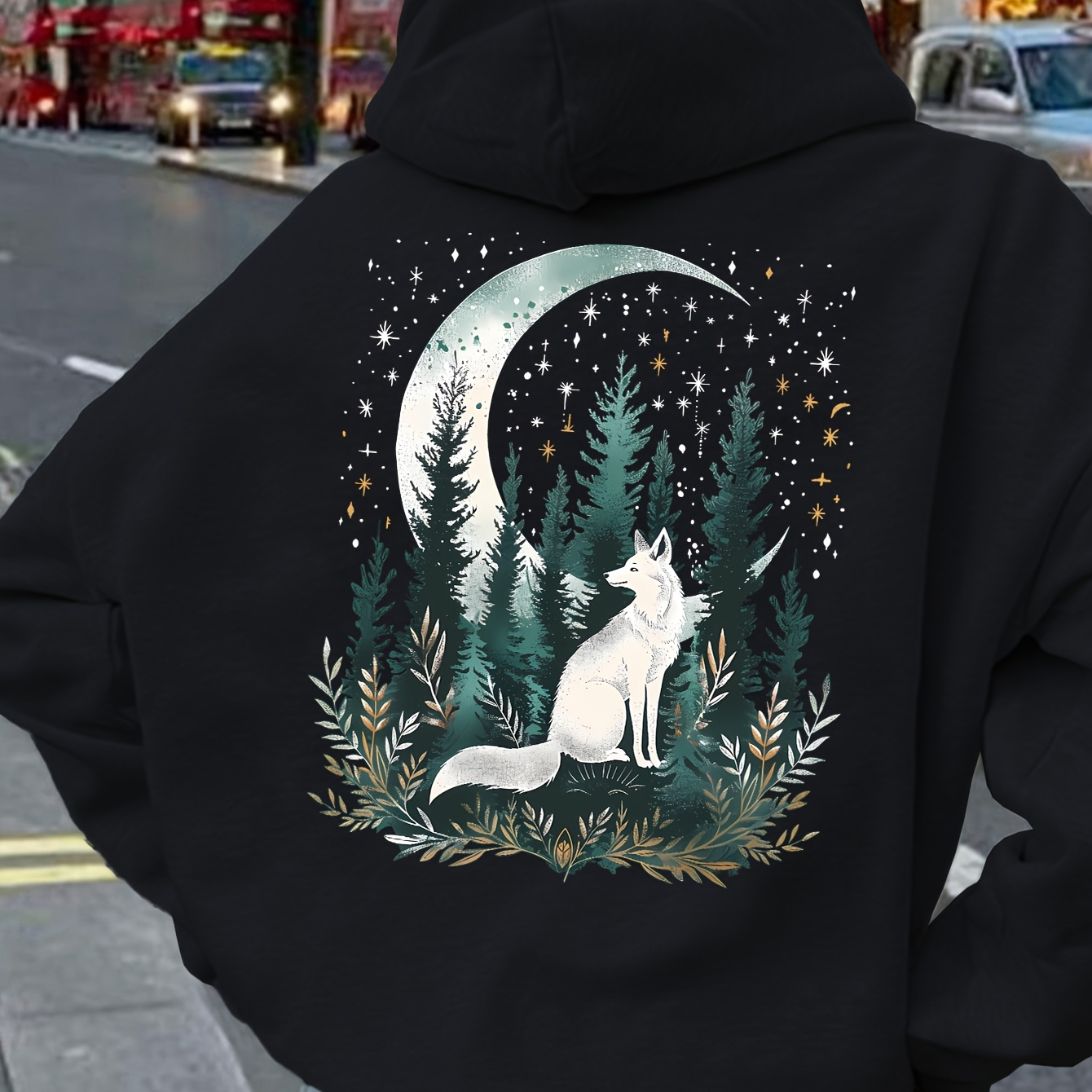 

Plus Size Hooded Sweatshirt And Wolf - Casual Polyester Knit Pullover With Stretch For Fall/winter - Pk12032