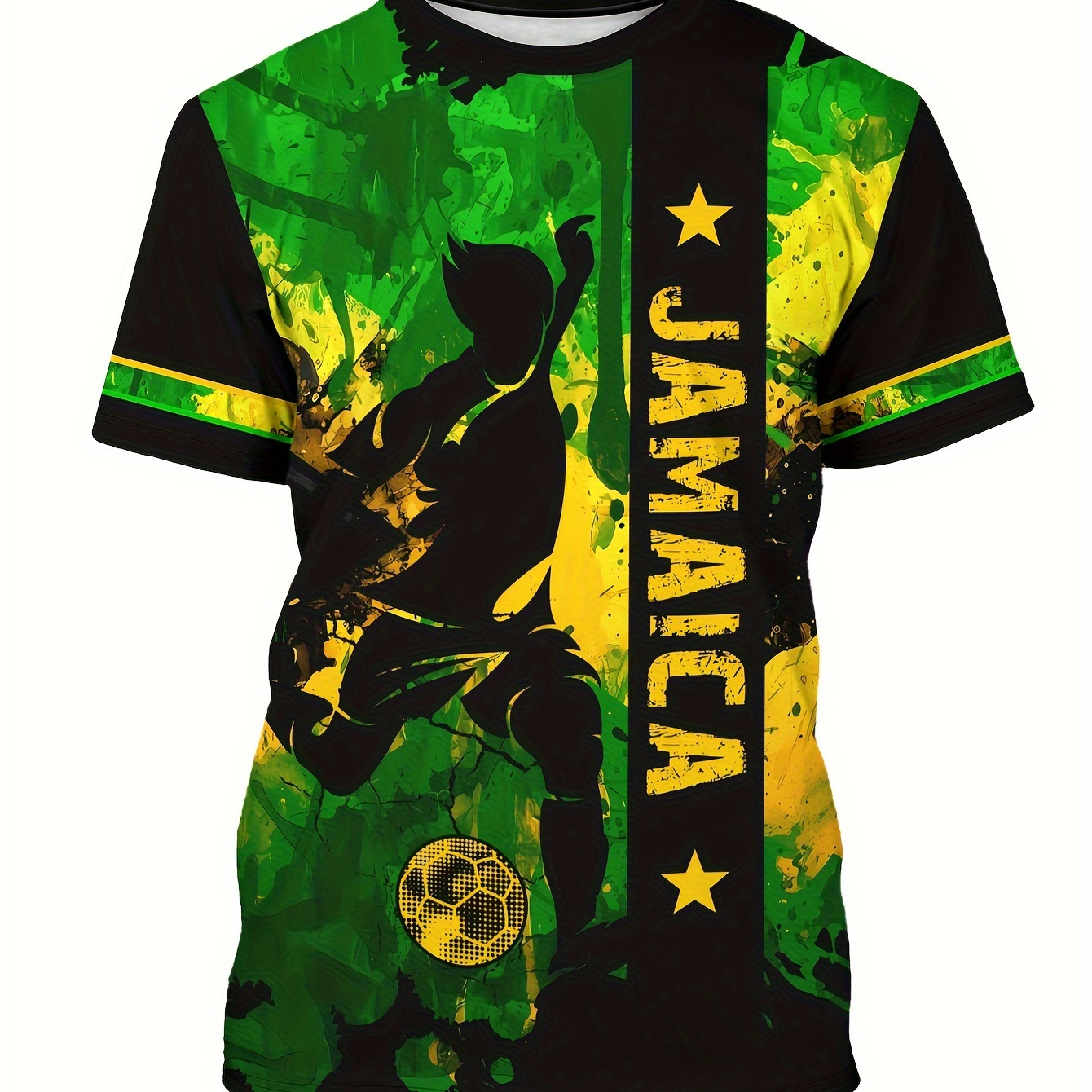 

Men's Jamaica Theme Soccer Player And Color Block Pattern Short Sleeve And Crew Neck T-shirt, Casual And Stylish Summer Tops For Outdoors And Sports Wear