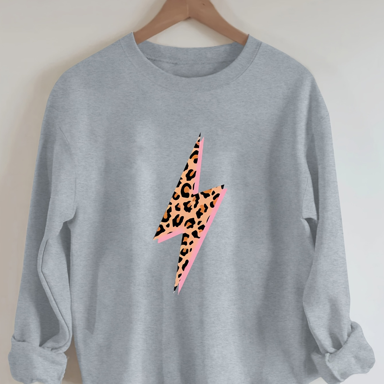 

Women's Sweatshirt With Leopard Print Lightning Bolt Design - Long Sleeve, Soft Polyester, Round Neck, Casual Fall/winter Top