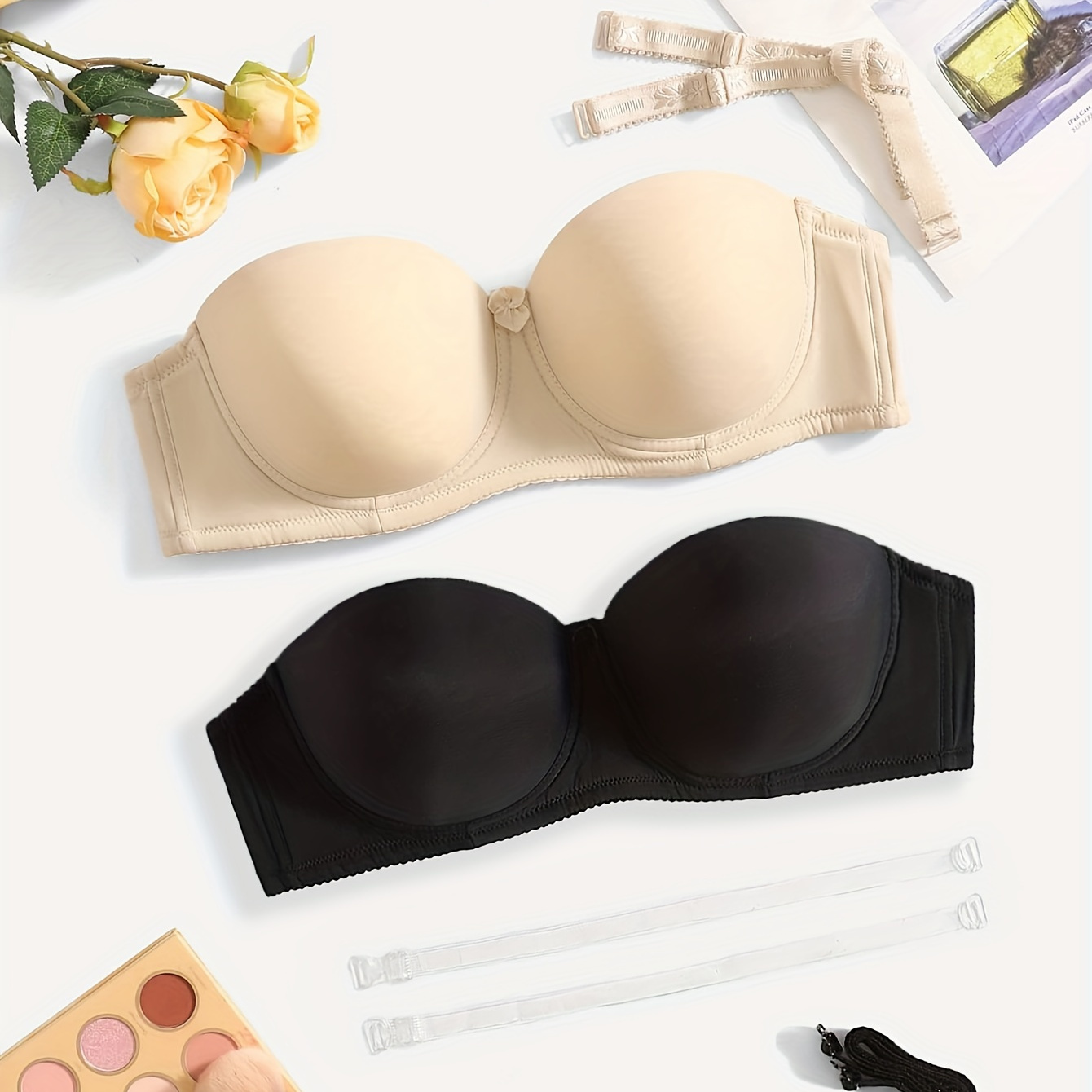 

2 Pack Plus Size Simple Bra Set, Women's Plus Solid Molded Cup Anti-slip Underwire Balconette Bra With Double Straps 2pcs Set