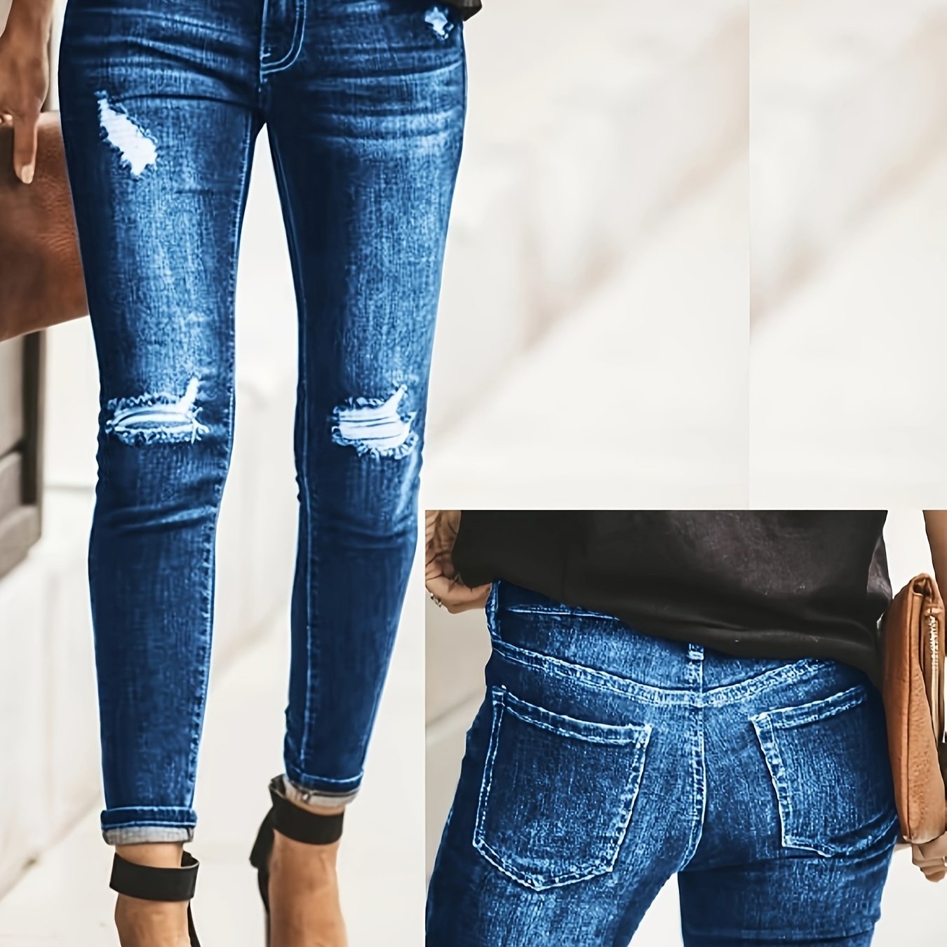 

Women's Stretch Skinny Jeans With Ripped Detail - Mid-rise, High-stretch Denim In