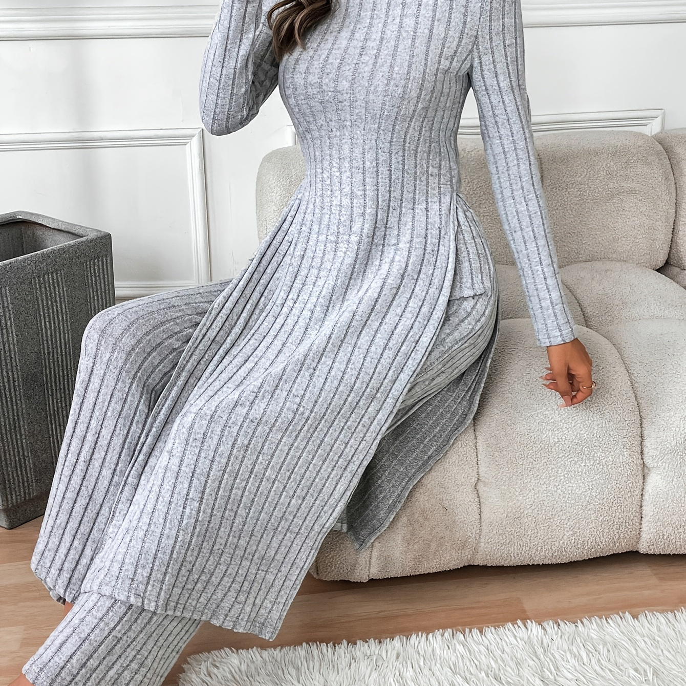 

2 Pcs Solid Color Ribbed Top & Pants Set, Long Sleeve Crew Neck Longline Split Hem Top & Wide Leg Pants Outfits, Women's Clothing