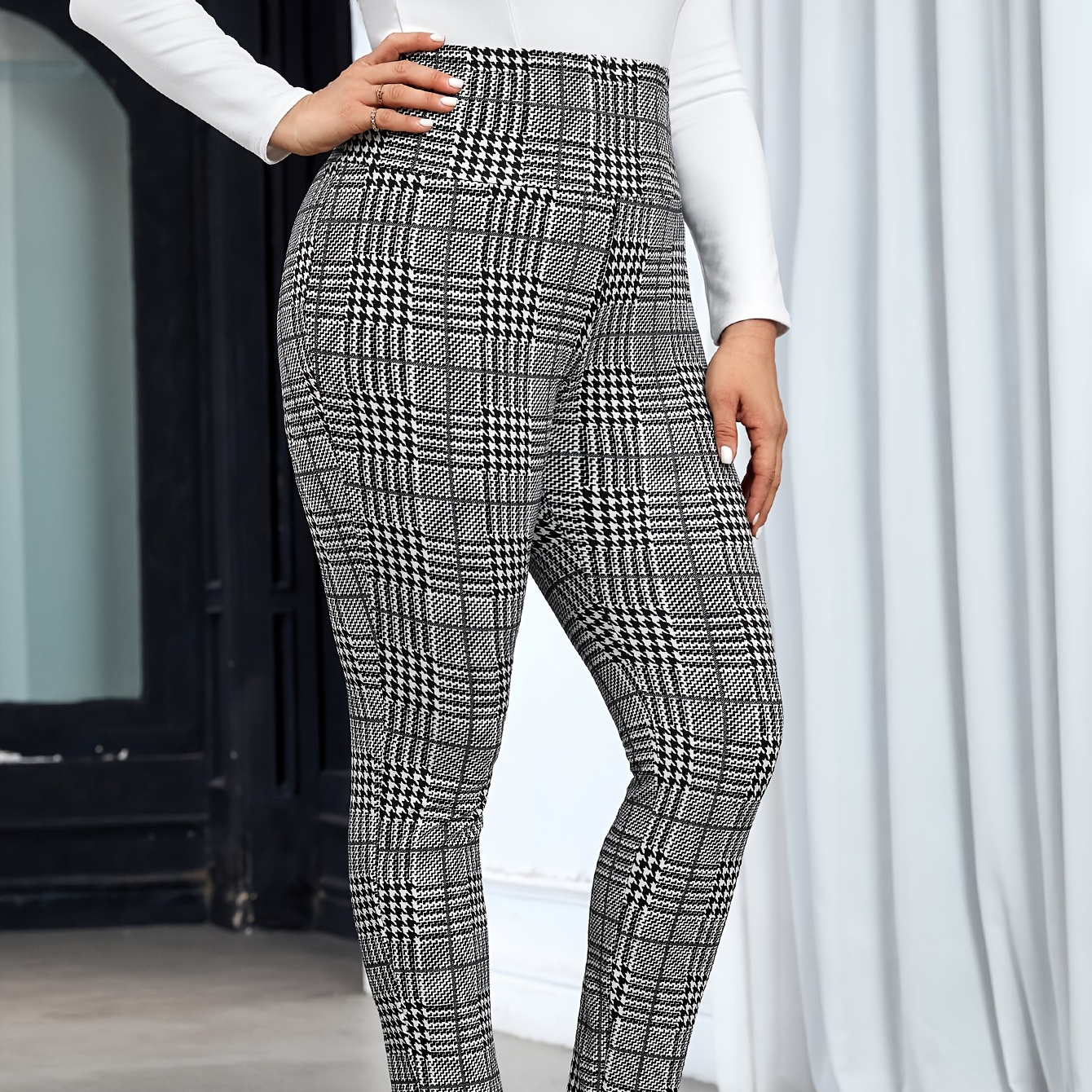 

Plus Size Elegant Pants, Women's Plus Plaid Print Elastic High Rise Slight Stretch Skinny Trousers