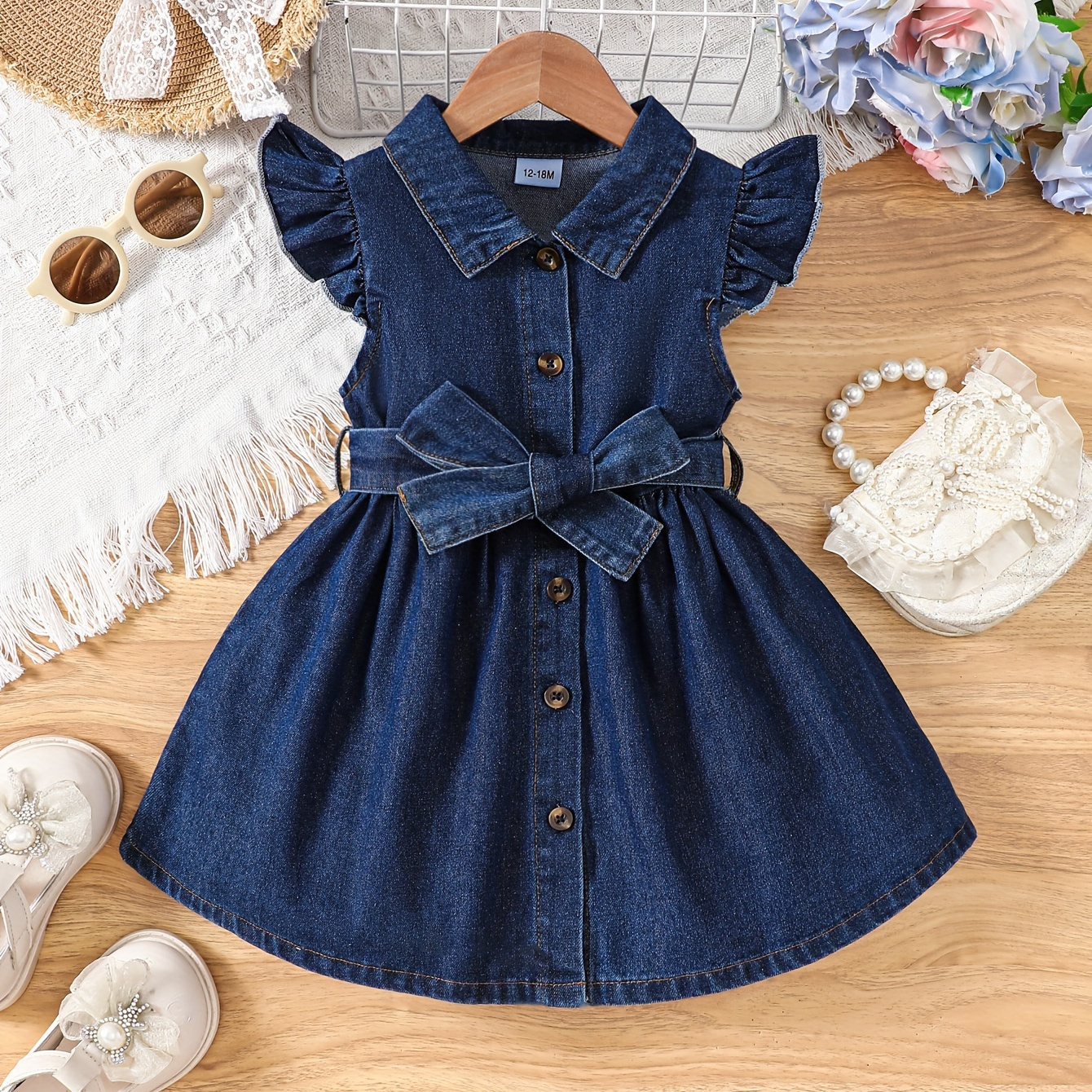 

Baby's Casual Button Front Cap Sleeve Denim Dress, Infant & Toddler Girl's Clothing For Summer Daily Wear/holiday/party, As Gift