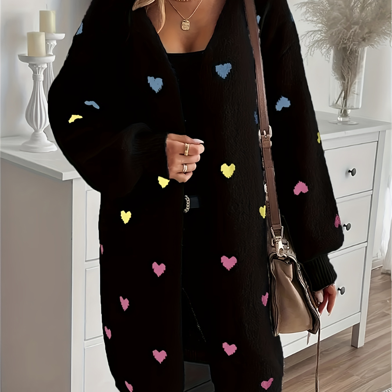 

1pc Women's Plus Size Casual Heart Pattern Long Cardigan, Polyester Knit Sweater, With Regular Neckline For Autumn/winter Season