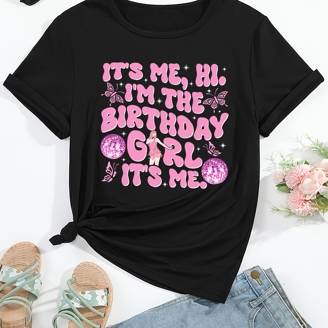

Women's Casual "it's Me, Hi, I Am The Birthday Girl" Letter-printed T-shirt, Retro Comfortable Summer Short Sleeve Top