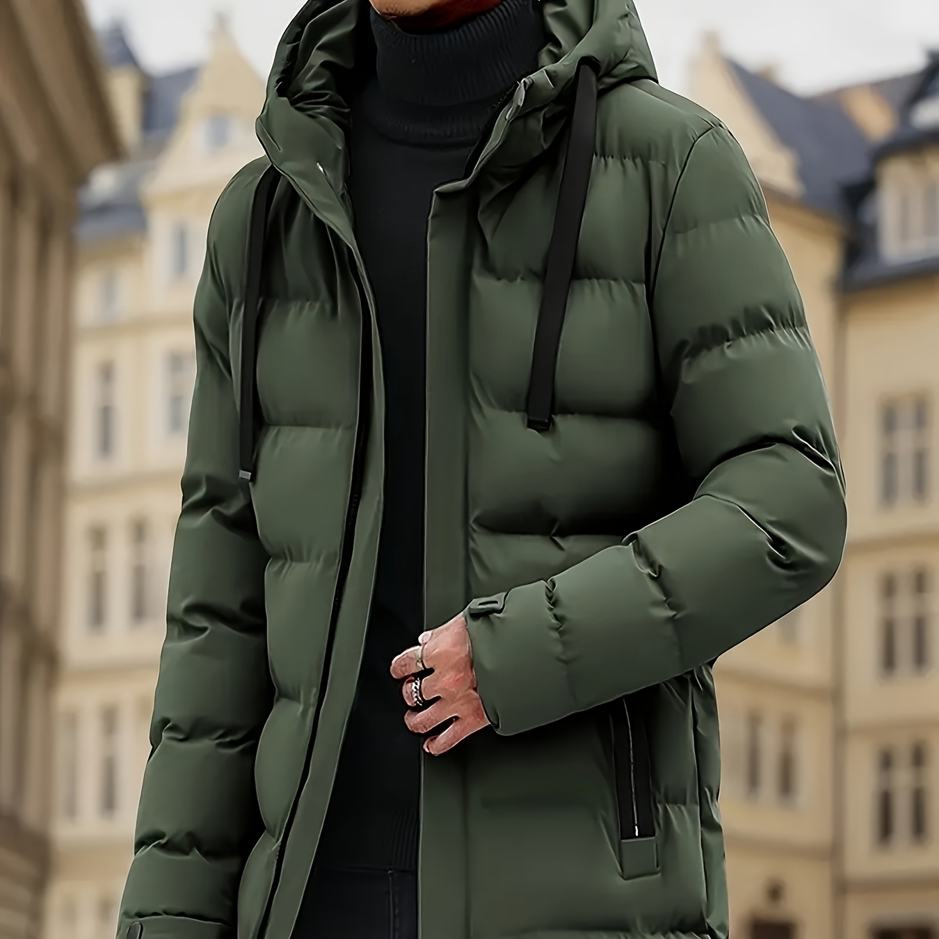 

Manteau d'hiver à capuche élégant avec cordon de serrage, épais et chaud, mi-long, pardessus décontracté de couleur unie pour hommes, conçu pour la protection contre .