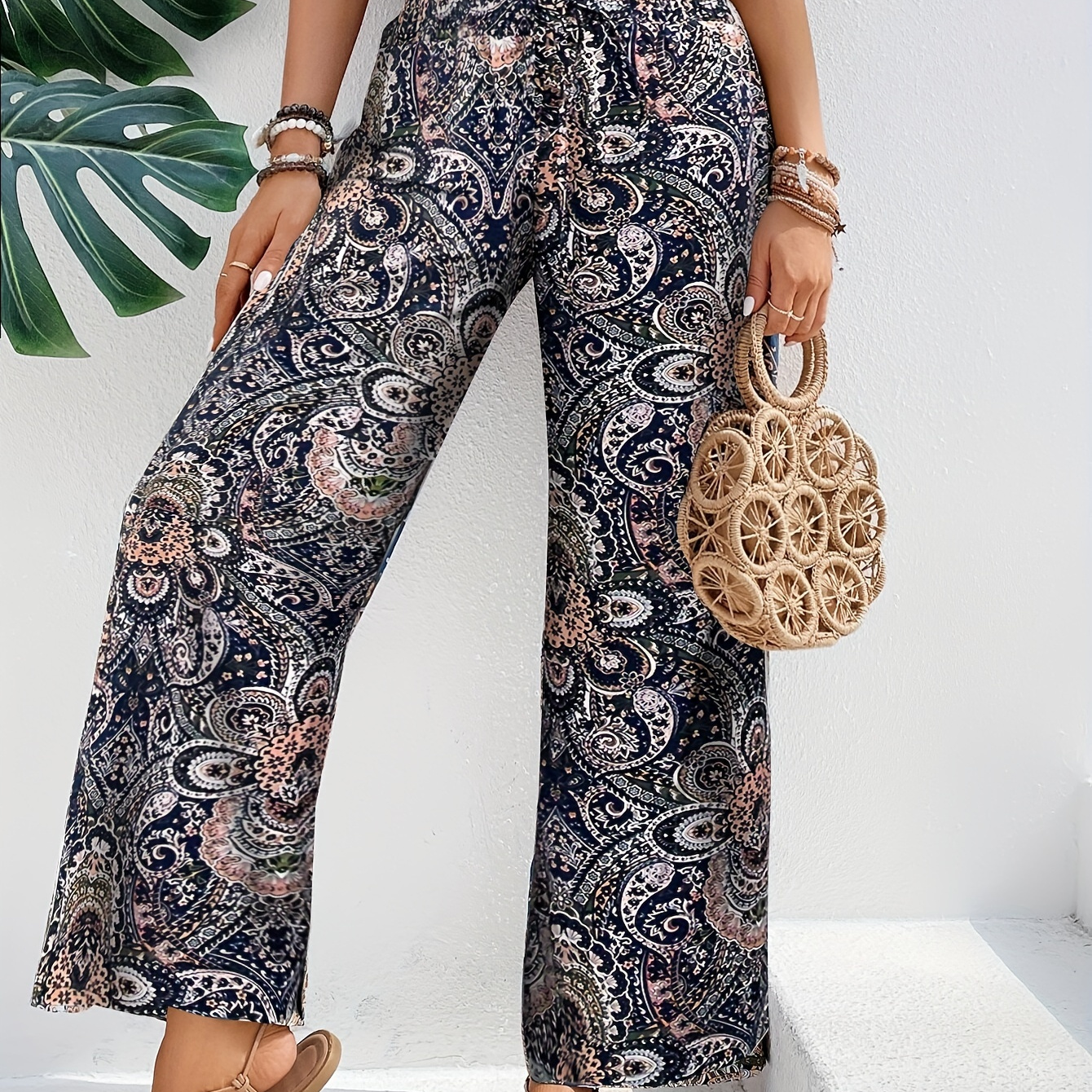 

Pantalon À Jambe Droite Imprimé Paisley, Pantalon Slim À Taille Élastique Pour Vacances, Vêtements Pour Femmes, Printemps Et Été