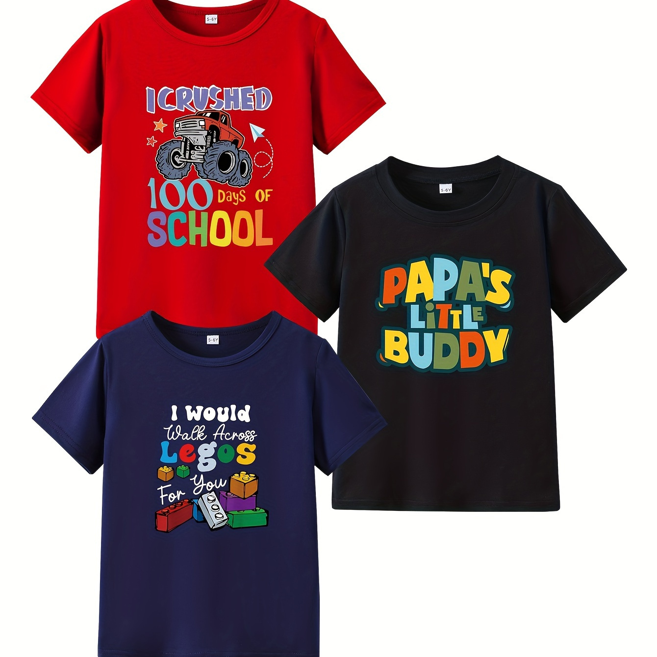 

3-piece Boy's Short Sleeve T-shirt, Creative Cartoon Letters Print Crew Neck Comfy Casual Summer Tee Tops