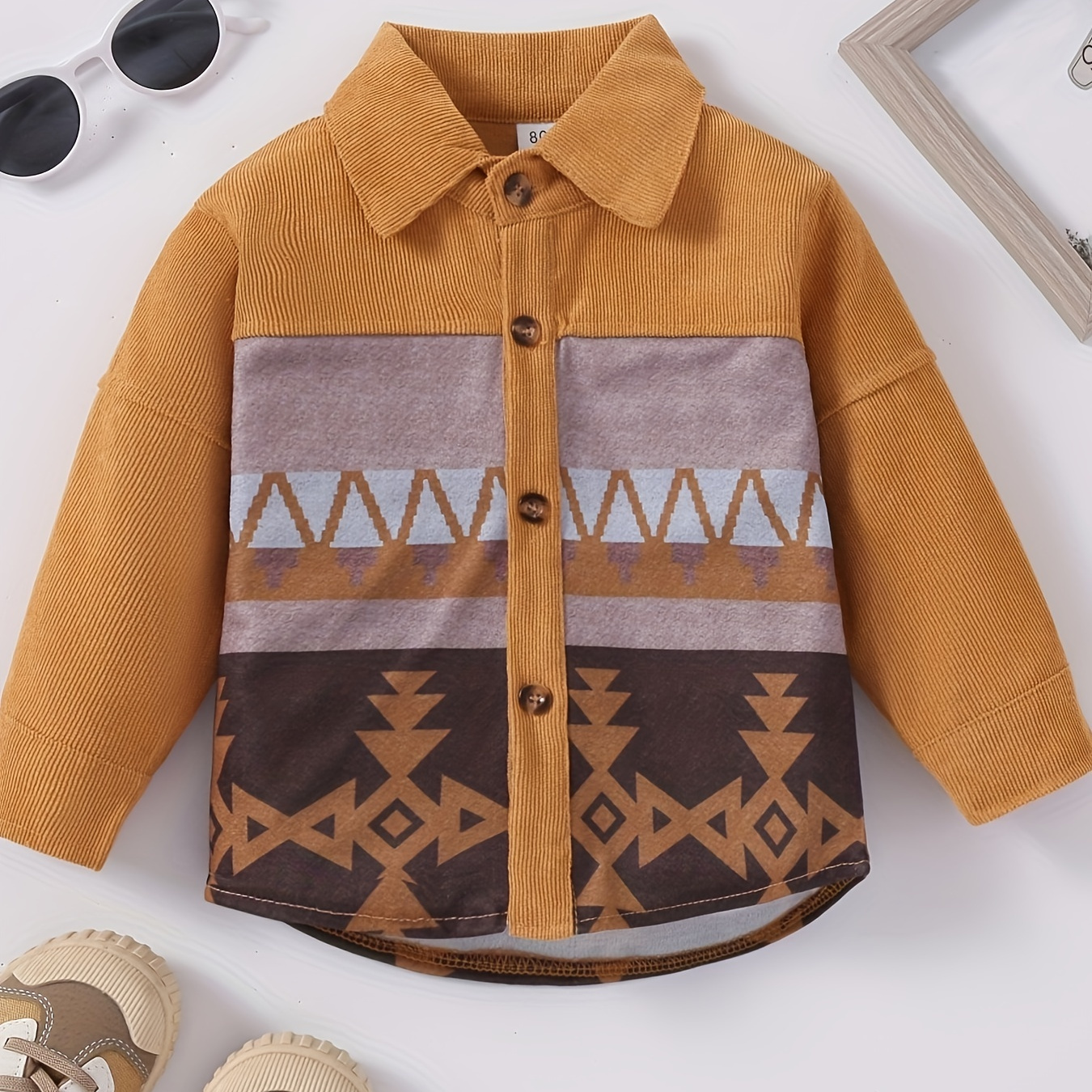 

Kids Vintage Print Corduroy Coat, Baby Stylish Stand Collar Button Down Jacket