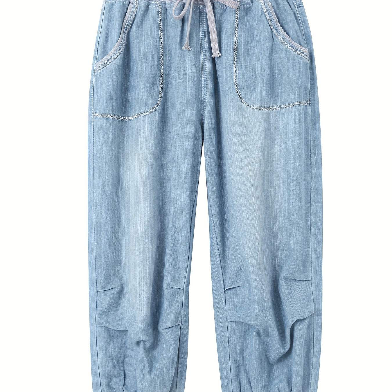 Blue Mid Waist Capris Jogger Jeans Drawstring Slant Pockets - Temu